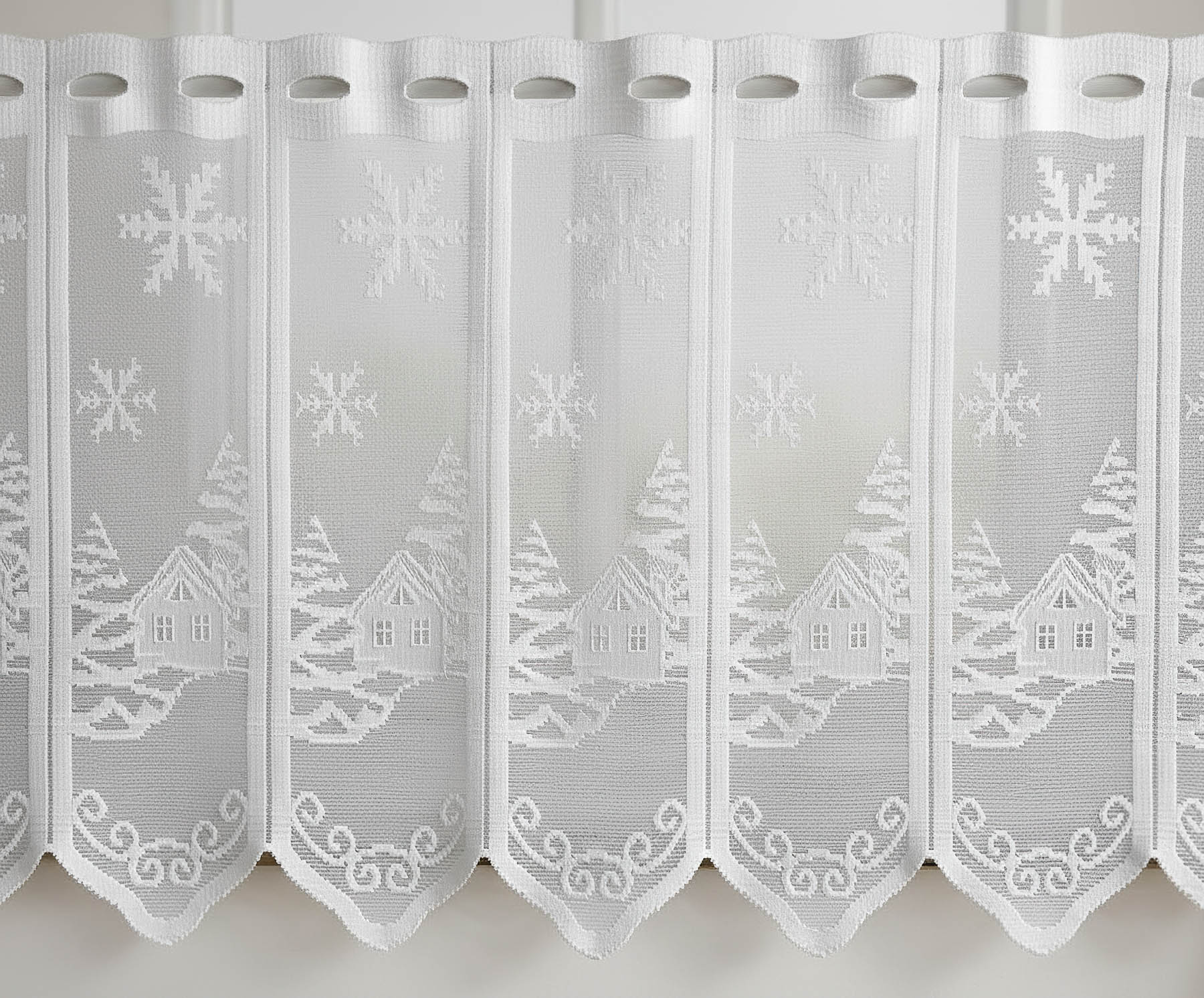 TextilCentrum Kusová záclona ZIMNÍ CHALOUPKY 12125, zimní, vánoční vzor, jednobarevná bílá, výška 60 cm x šířka 100 cm (na okno)
