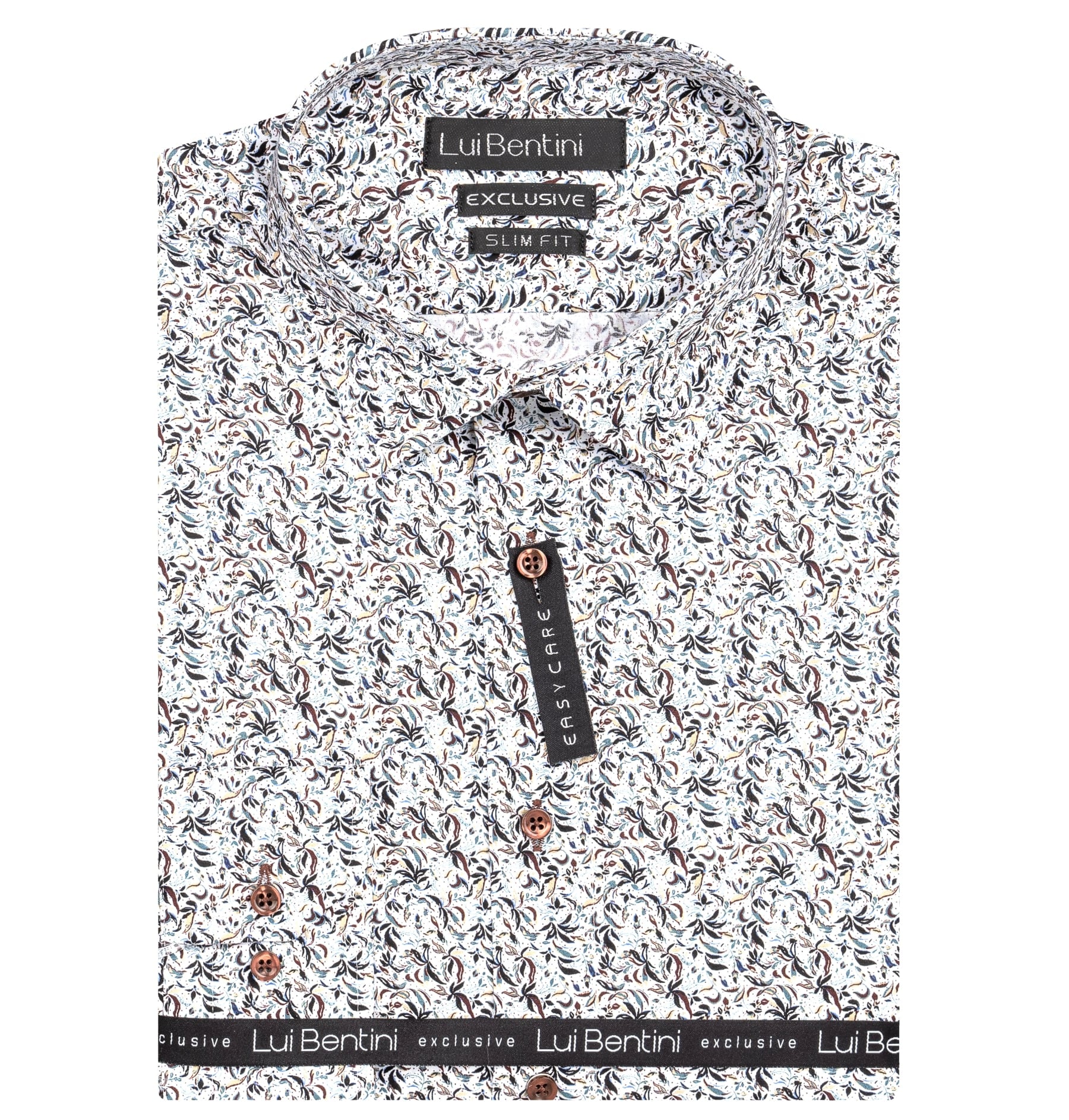 Pánská košile Lui Bentini, bílá s listy LDS001, dlouhý rukáv, slim fit, vel. 41