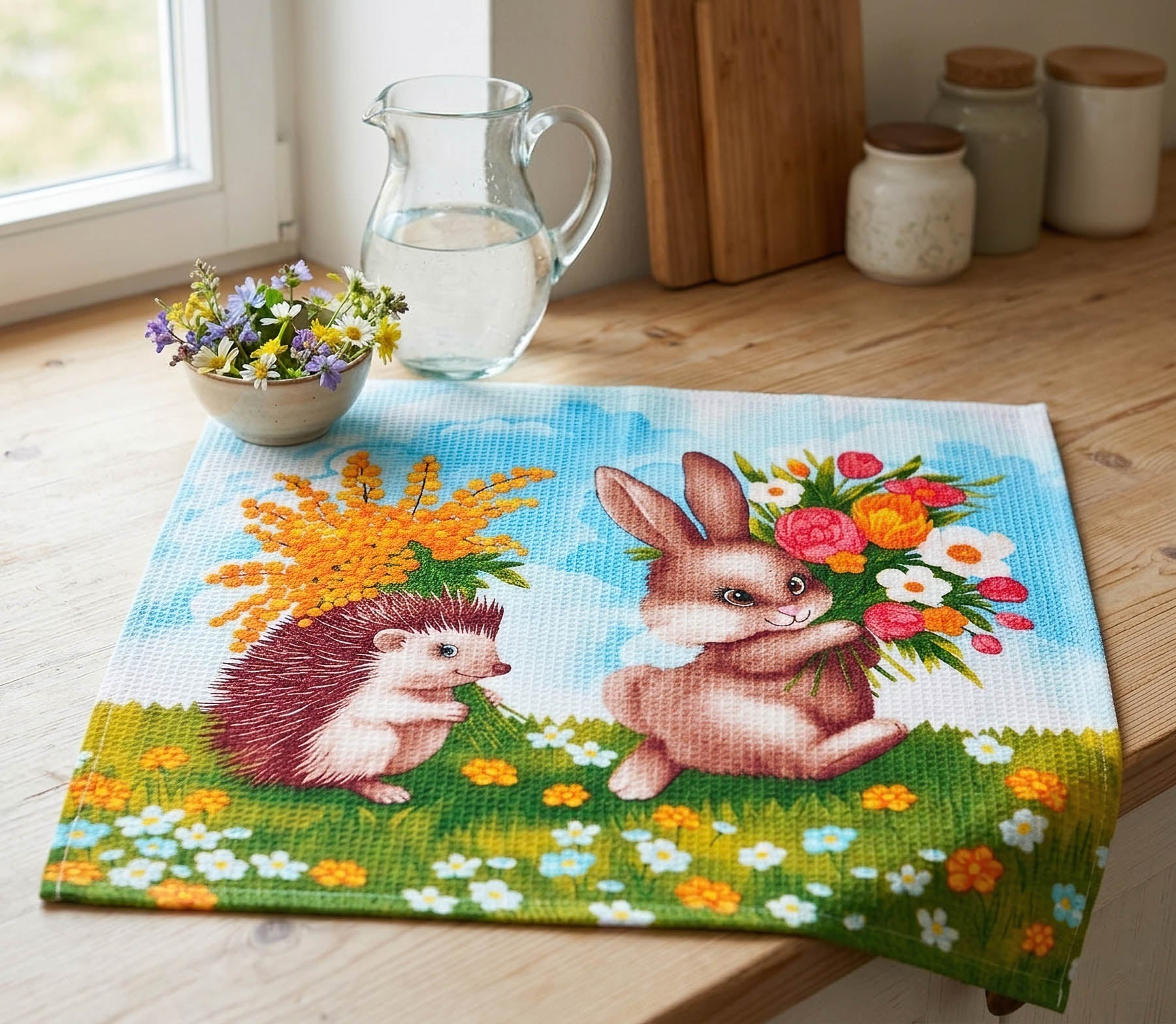 Bellatex kuchyňská utěrka velikonoční 321 ZAJÍČEK A JEŽEČEK, modrá 1 kus, 50x60cm