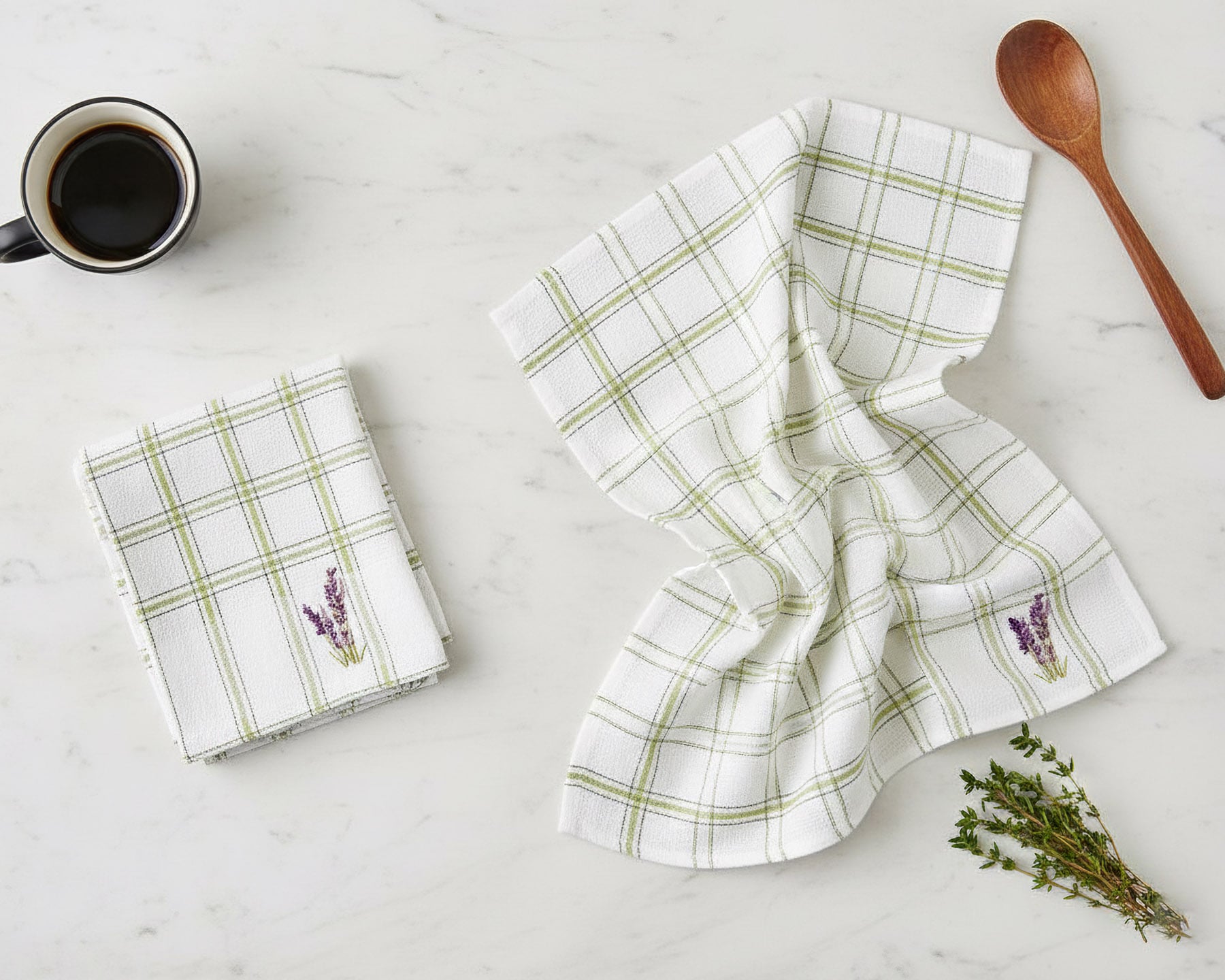 Euromat kuchyňská vaflová utěrka  LAVENDA zelené káro s vyšívanou levandulí, 1 kus, 45x65cm