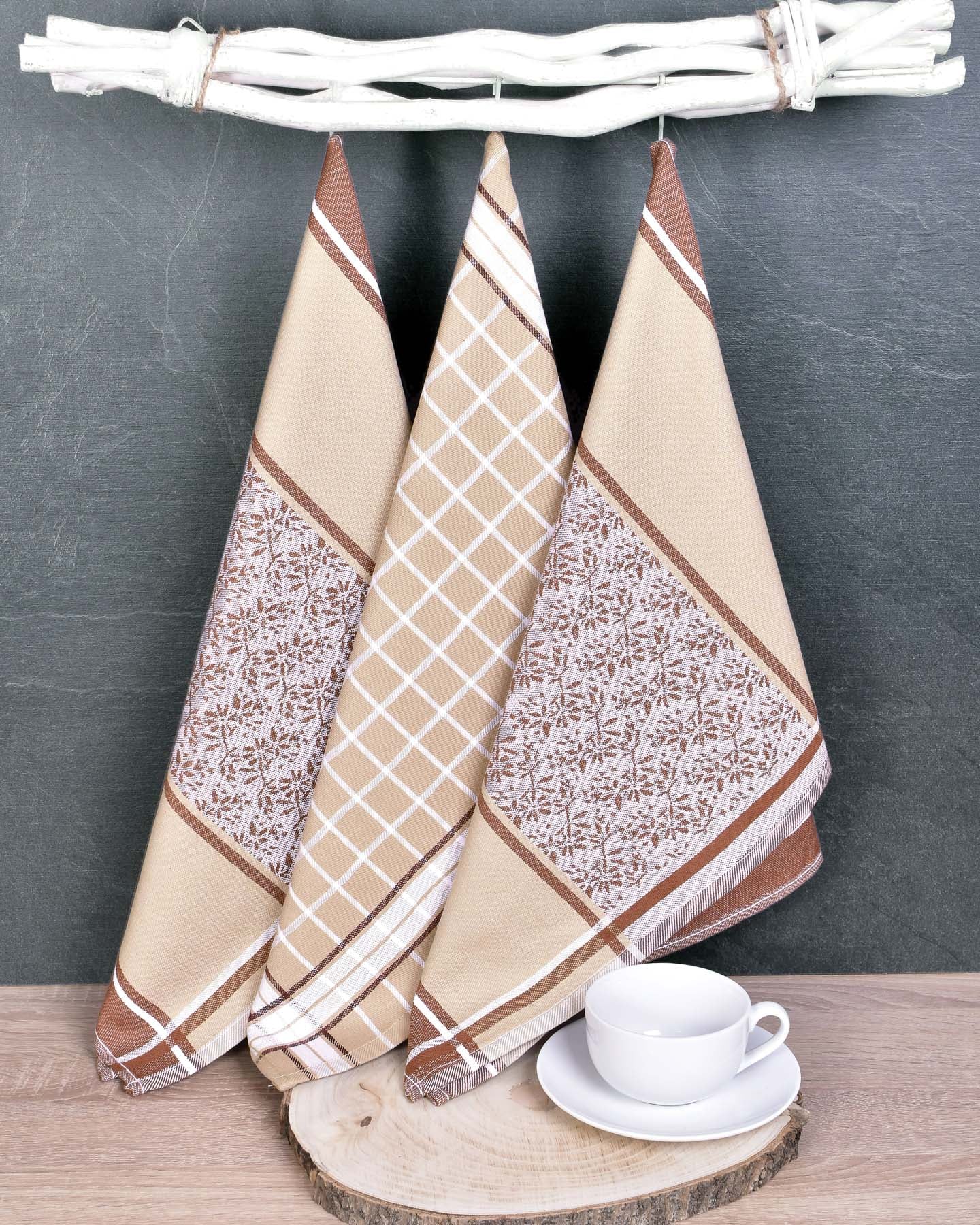 Forbyt kuchyňské utěrky EGYPTSKÁ BAVLNA BEIGE MIX, béžové ornamenty v proužku a kostka, 3 kusy, 50x70cm