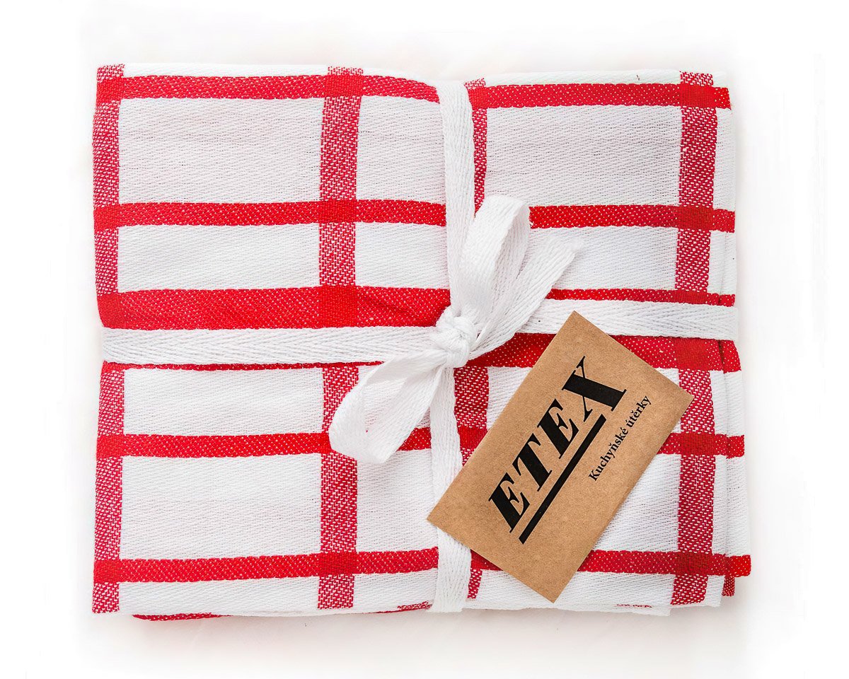 Etex kuchyňské utěrky EGYPTSKÁ BAVLNA U03 extra kvalita, červené káro, 3 kusy, 50x70cm