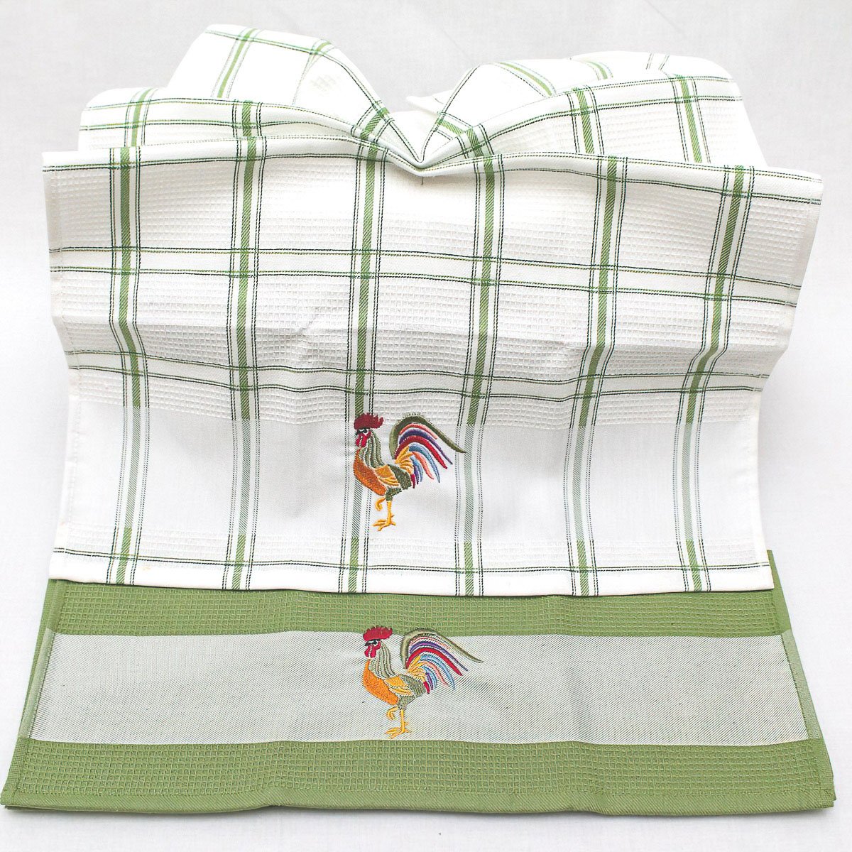 Kuchyňské utěrky KOHOUT vaflové vyšívané, zeleno-bílá, 2 kusy 45x70cm