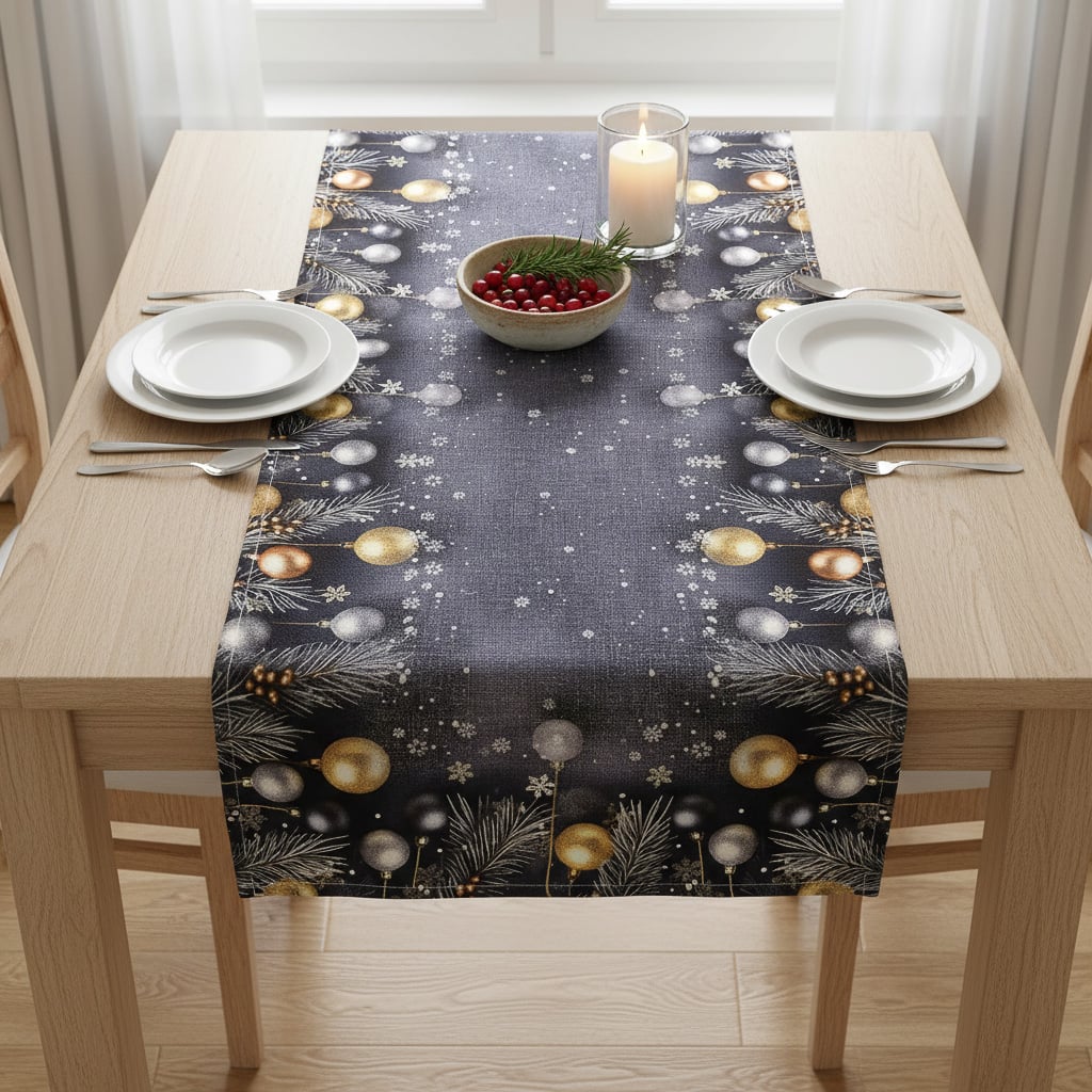 Forbyt kuchyňský ubrus vánoční CYH5918C, zlaté baňky na tmavě šedé 85x85cm (čtverec)