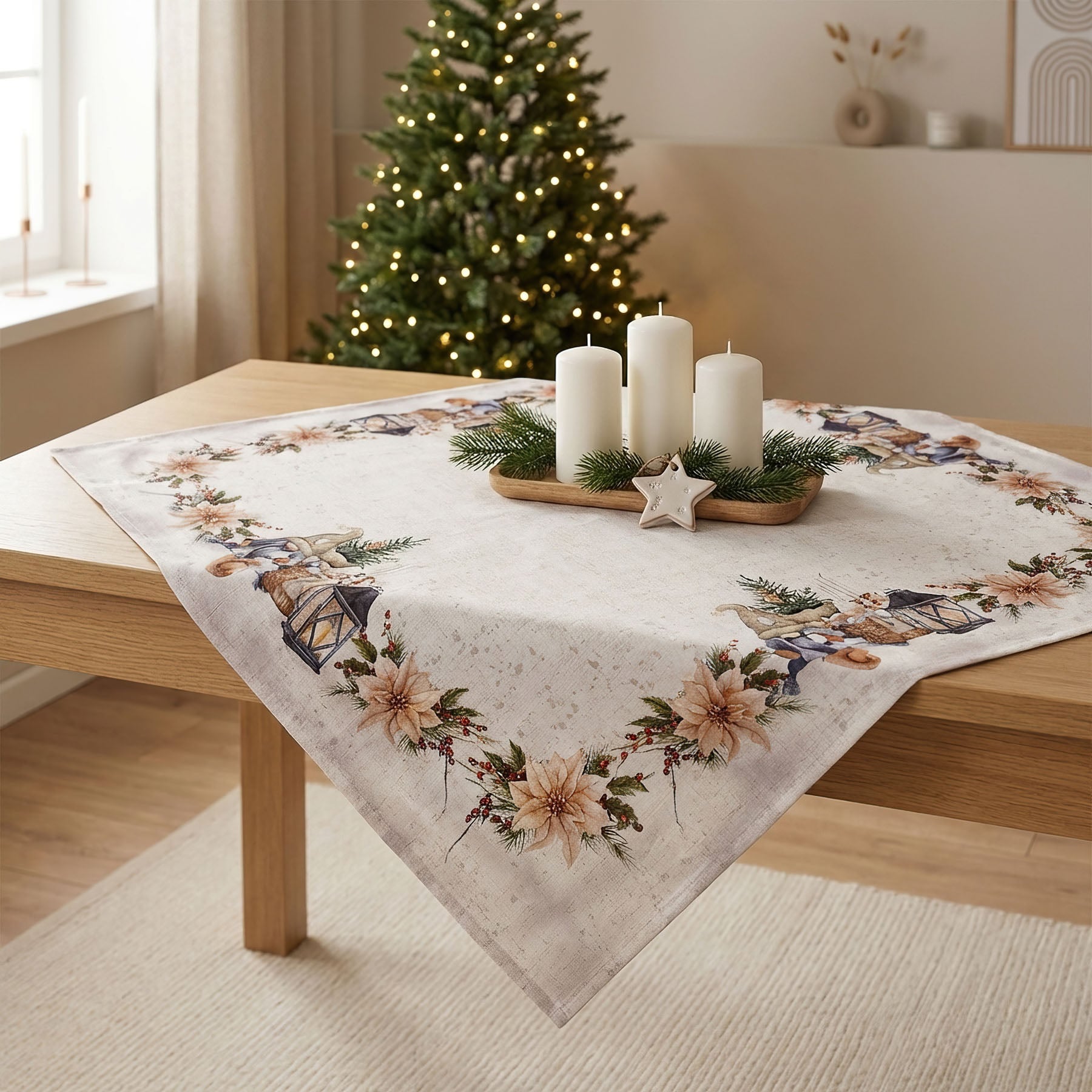 Levně Forbyt kuchyňský ubrus vánoční CYH6060C, skřítek s lucernou, béžová 85x85cm (čtverec)