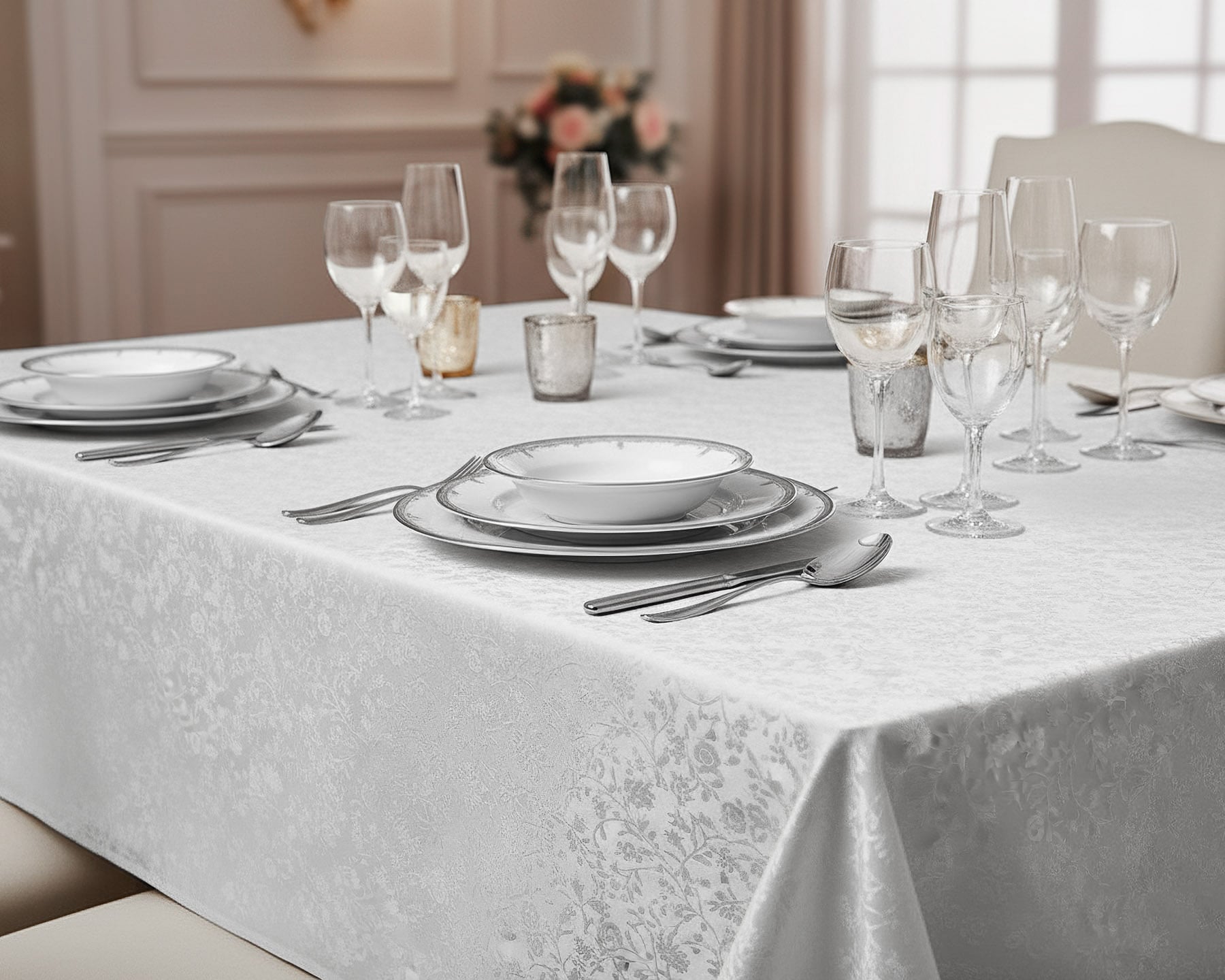 Luxusní ubrus PVC s textilním podkladem PEARL ZG-6233A, květinový damaškový vzor, bílá, š.140cm (metráž)