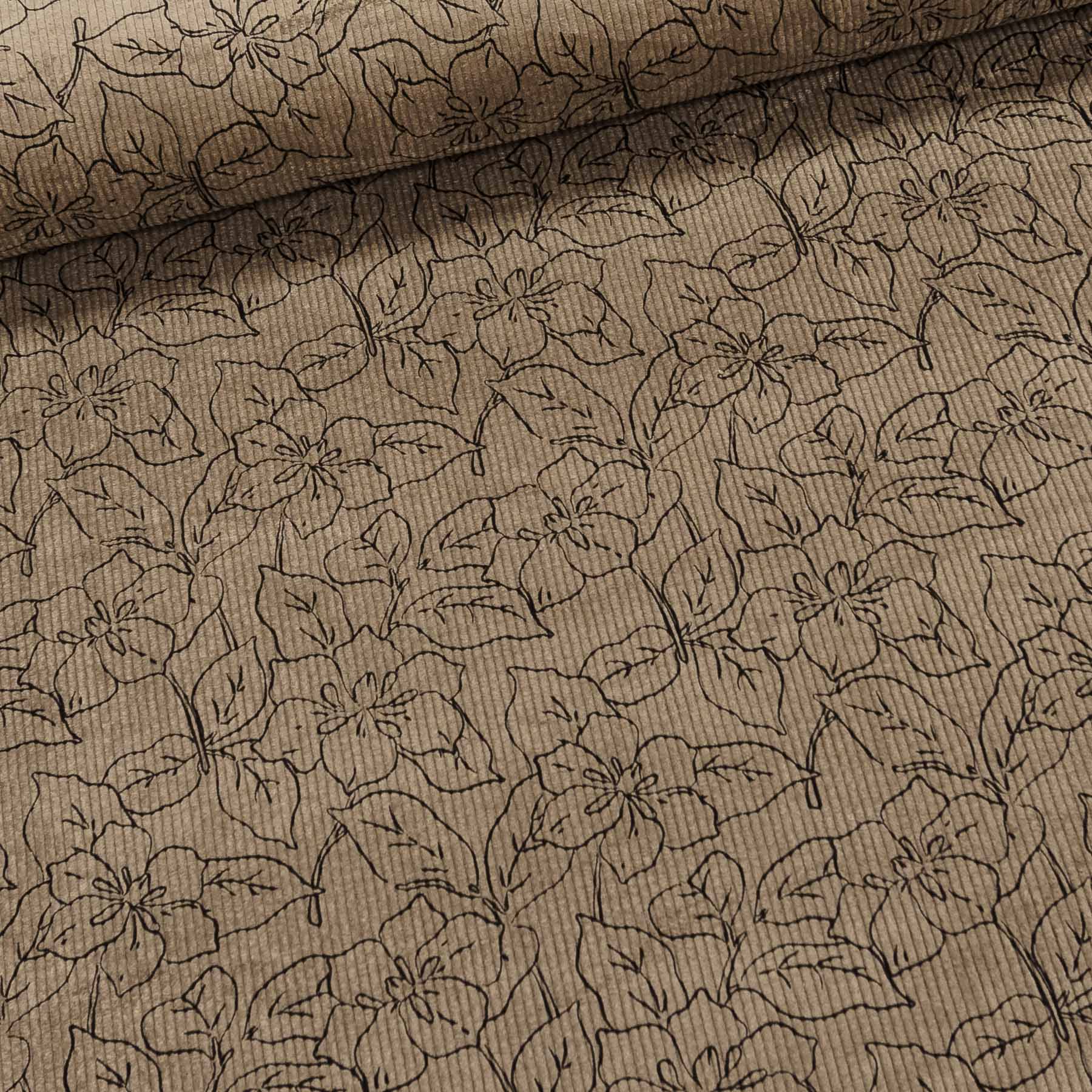 Manšestr směsový elastický Q22819-530D, černé květy na béžové, š.145cm (látka v metráži)