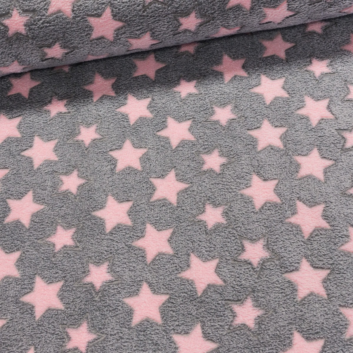 Mikroflanel / flanel fleece 3921/6 růžové hvězdy na šedé, š.150cm, (látka v metráži)