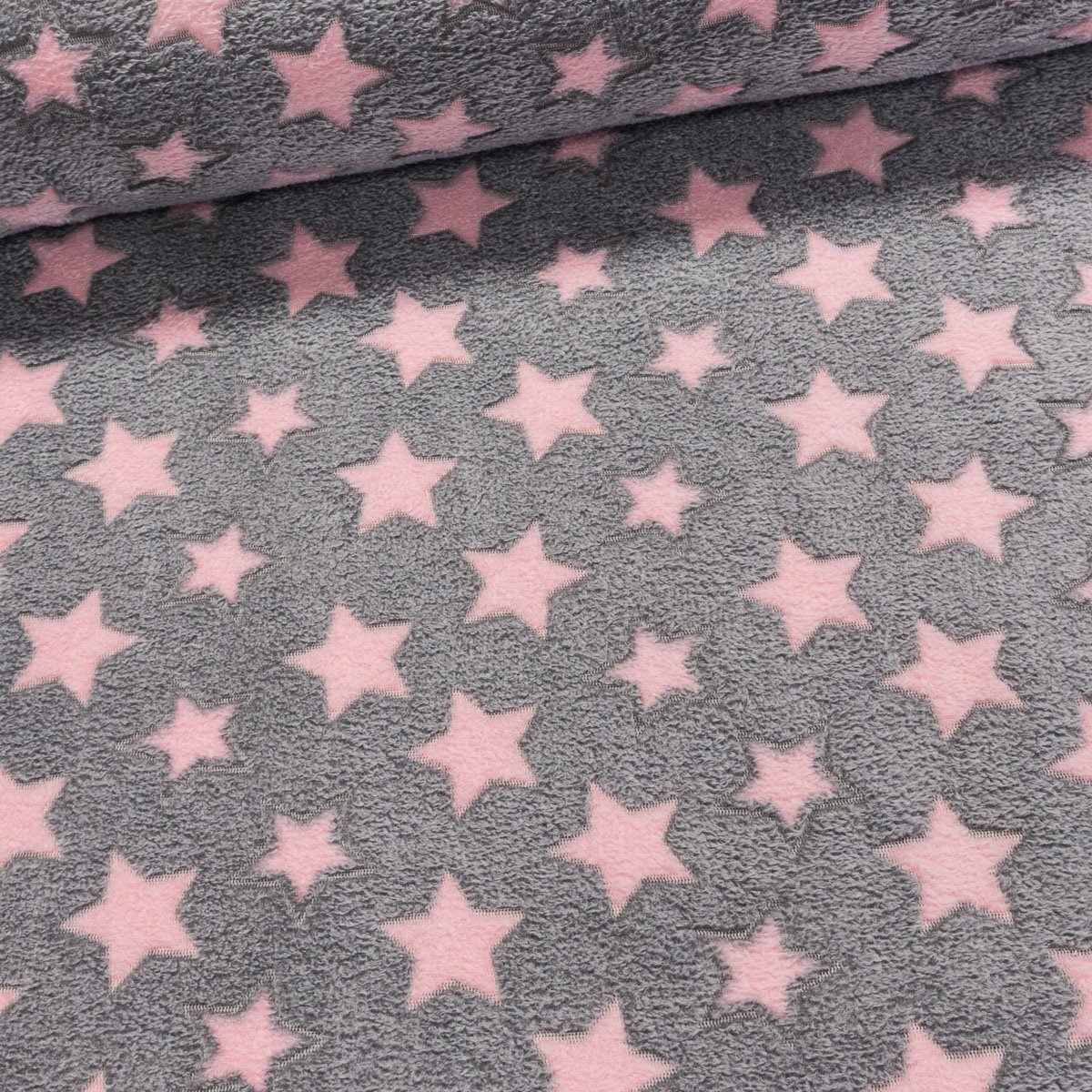 Mikroflanel / flanel fleece 3921/6 růžové hvězdy na šedé, š.150cm, (látka v metráži)
