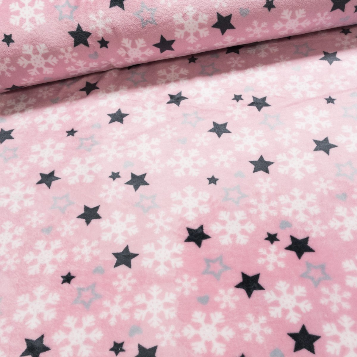 Mikroflanel / flanel fleece 8322 7, vločky a hvězdy na růžové, š.150cm, (látka v metráži)