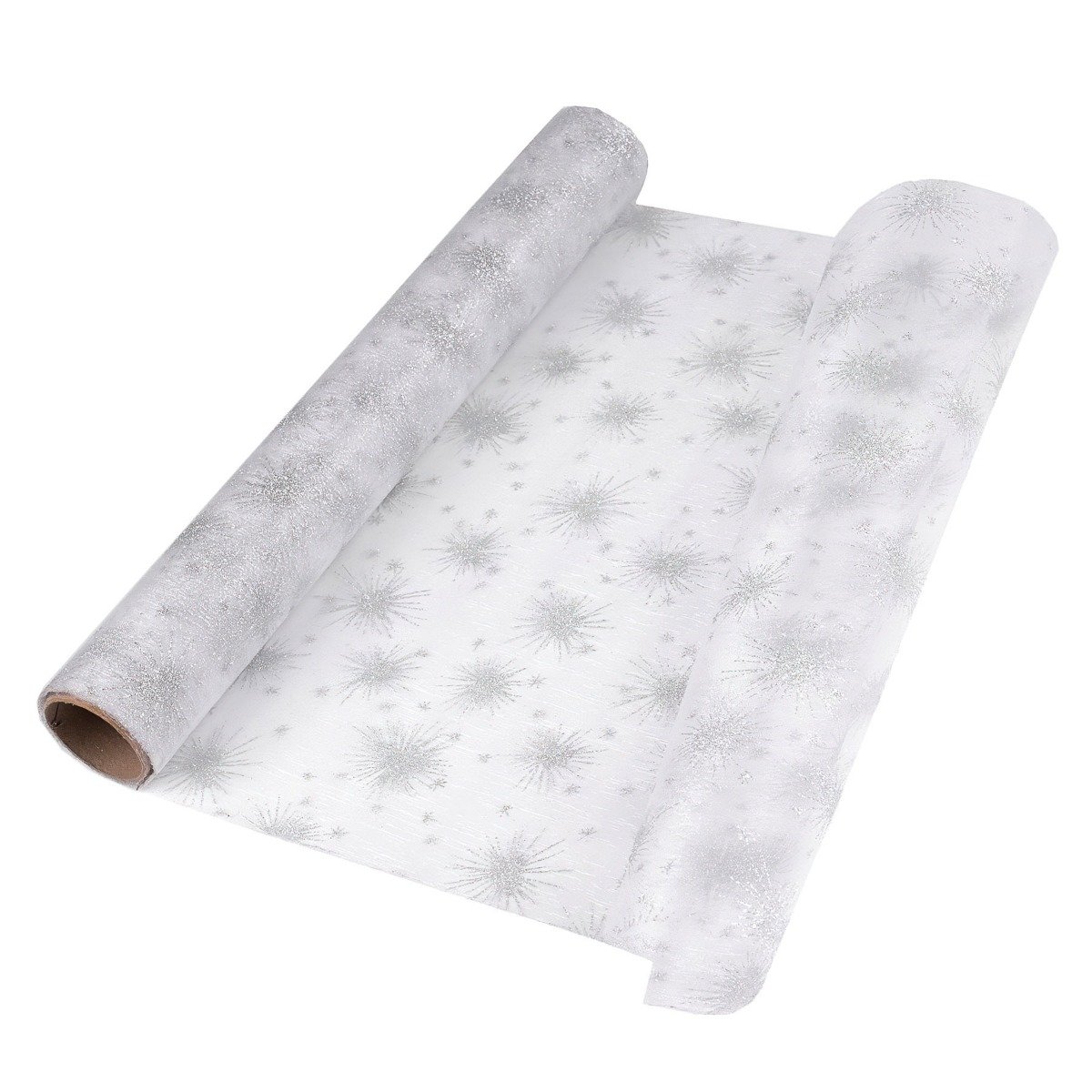 Organza vánoční dekorační 720486/1, hvězdičky, bílo-stříbrná s glitry, š.36cm (metráž)