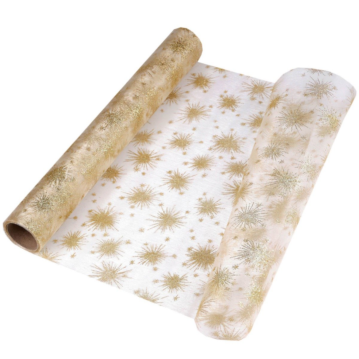 Organza vánoční dekorační 720486/2, hvězdičky, zlatá světlá s glitry, š.36cm (metráž)
