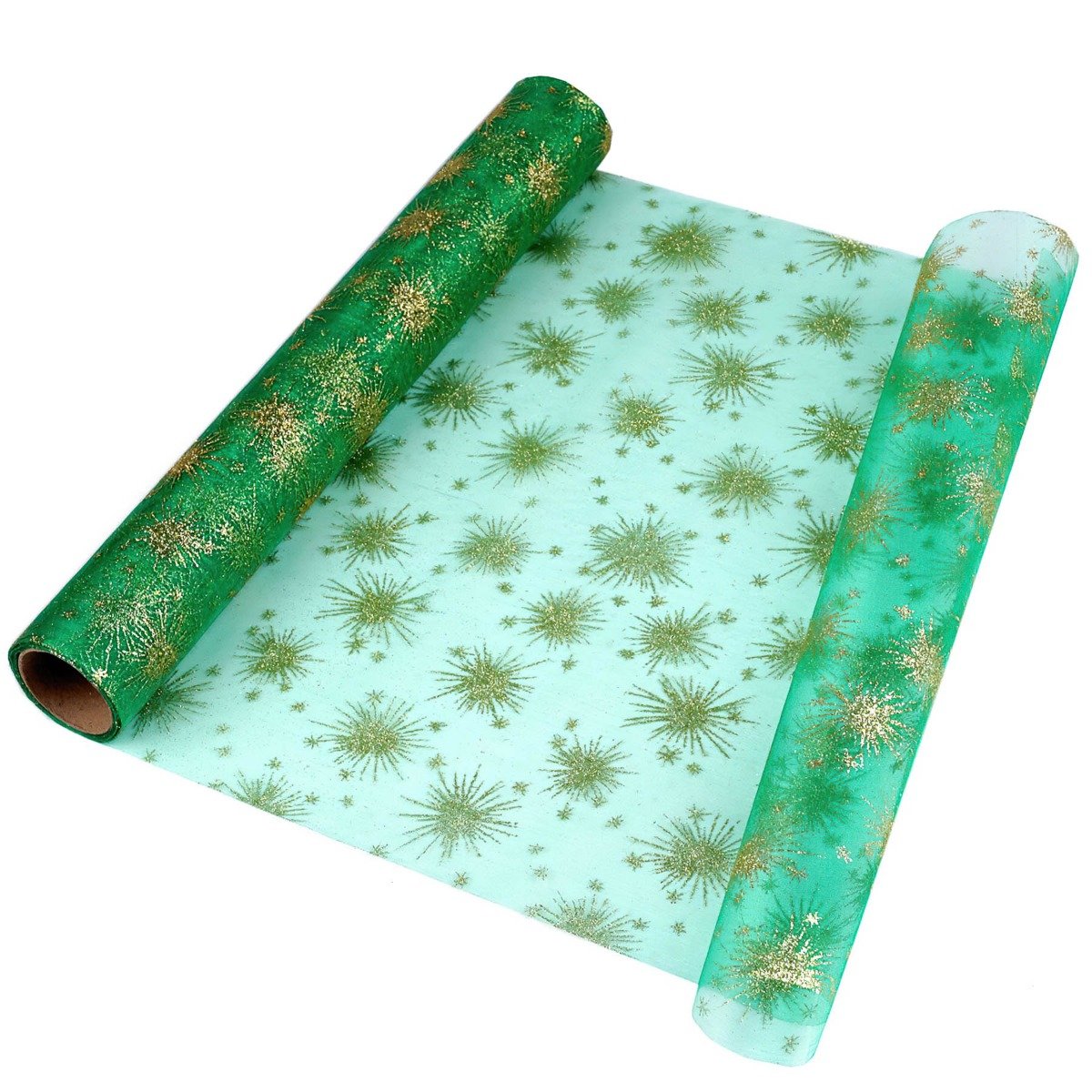 Organza vánoční dekorační 720486/6, hvězdičky, zelená pastelová zlatá s glitry, š.36cm (metráž)