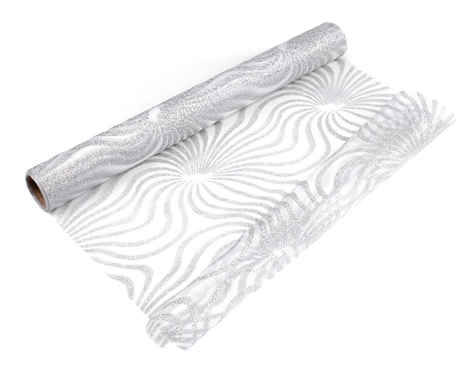 Organza vánoční dekorační 870595/1, stříbrné vlnky s glitry, š.45cm (metráž)