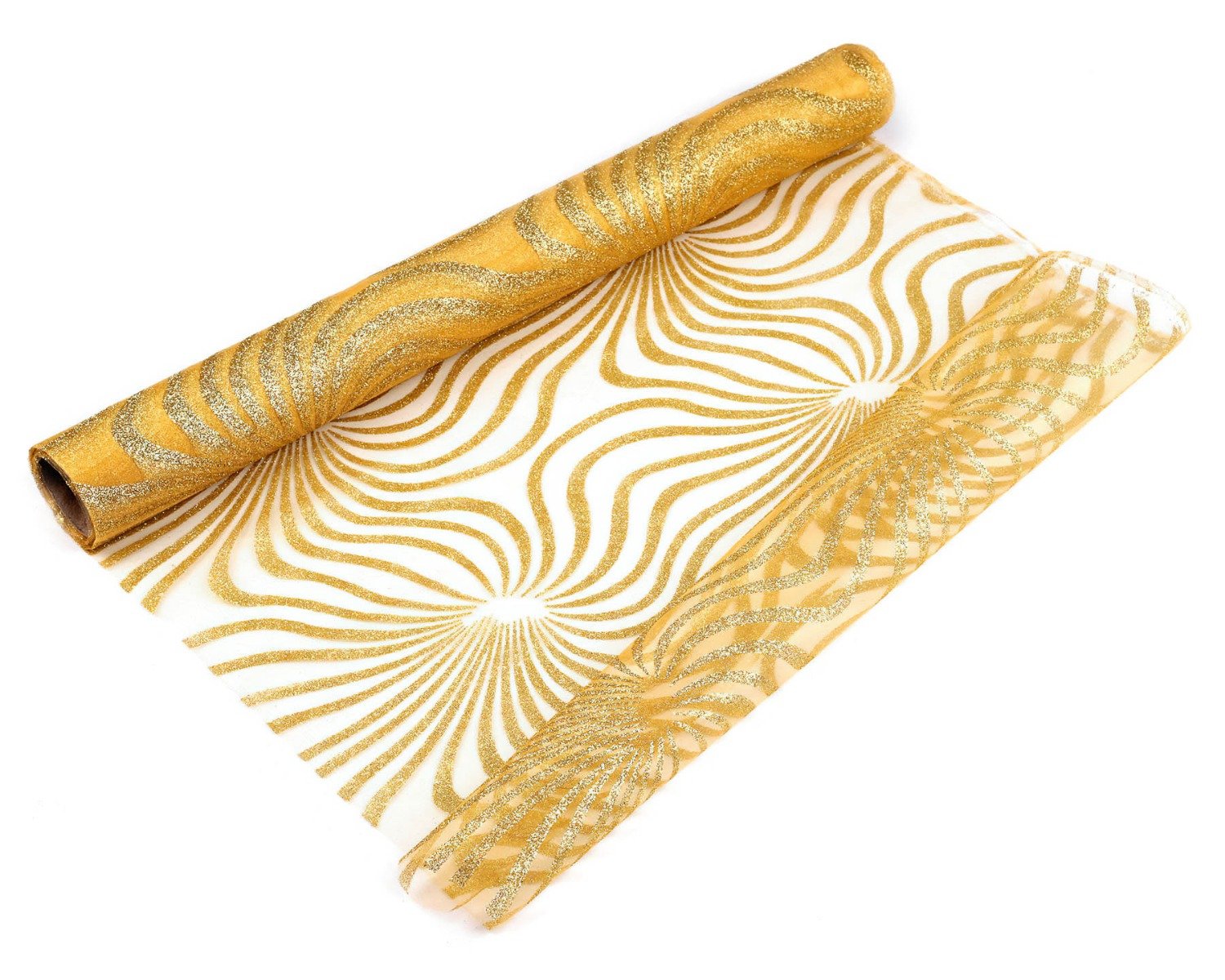 Organza vánoční dekorační 870595/2, zlaté vlnky s glitry, š.45cm (metráž)
