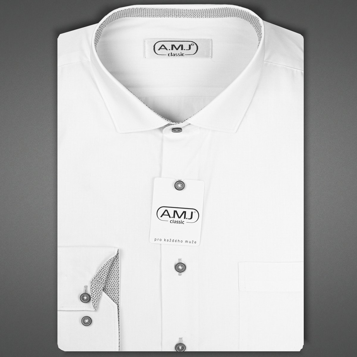 Pánská košile AMJ jednobarevná JDR018/34, bílá se světle šedými doplňky, dlouhý rukáv, regular fit, vel. 40