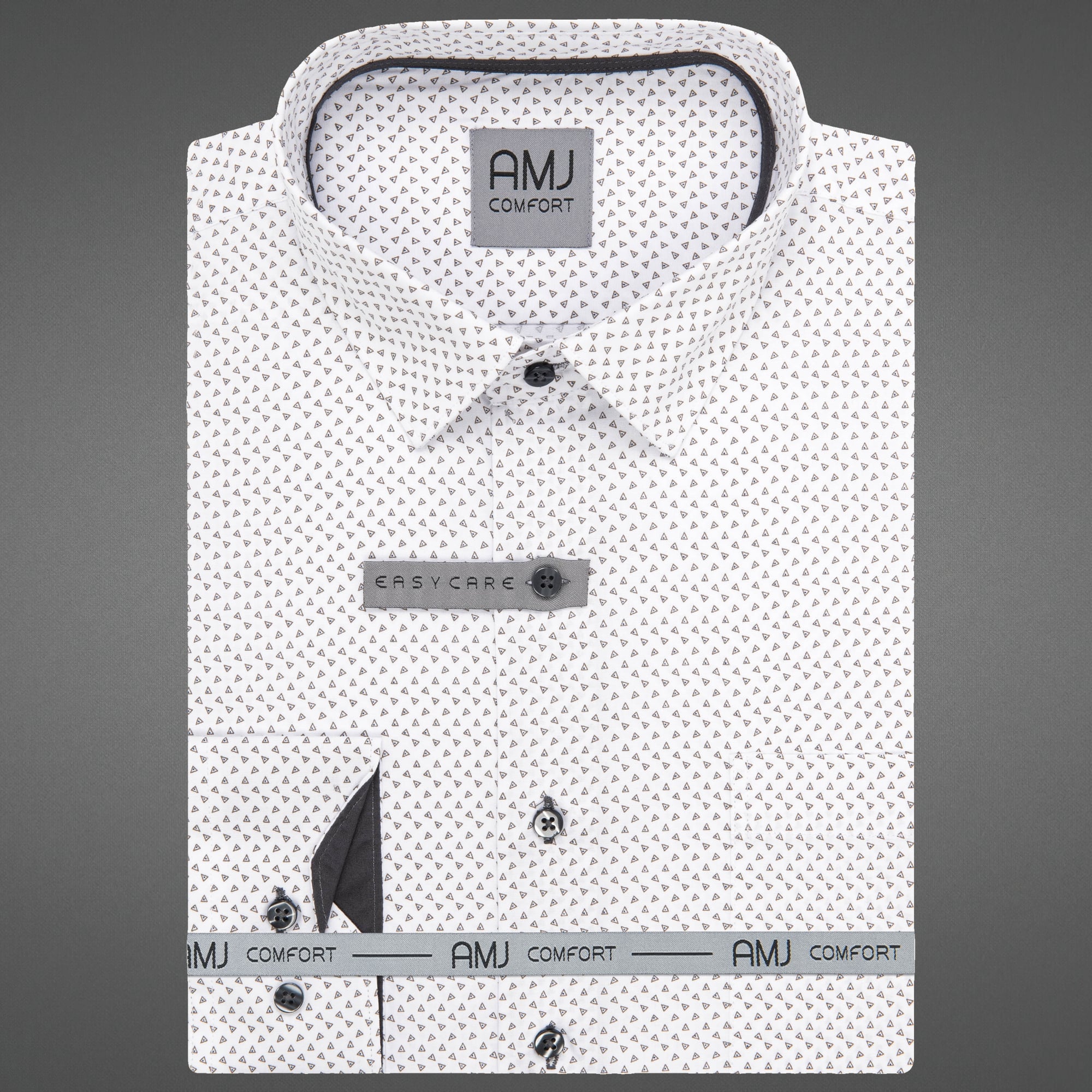 Pánská košile AMJ bavlněná, bílá s černými trojúhelníky VDBR1402, dlouhý rukáv, slim fit, vel. 45
