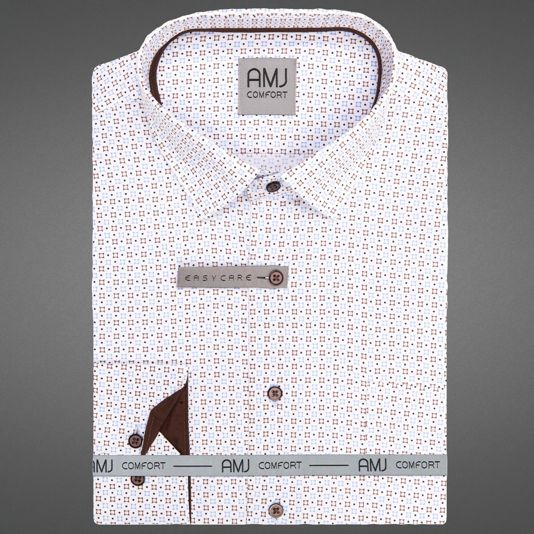 Pánská košile AMJ bavlněná, bílá s hnědomodrými kosočtverečky VDSBR1486, dlouhý rukáv, slim fit, vel. 42