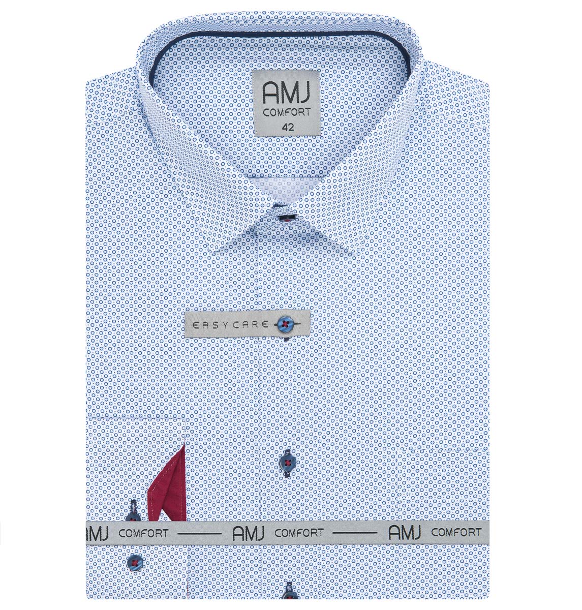 Pánská košile AMJ bavlněná, bílá modrá kolečka a puntíky, VDSBR1319, dlouhý rukáv slim fit, vel. 44