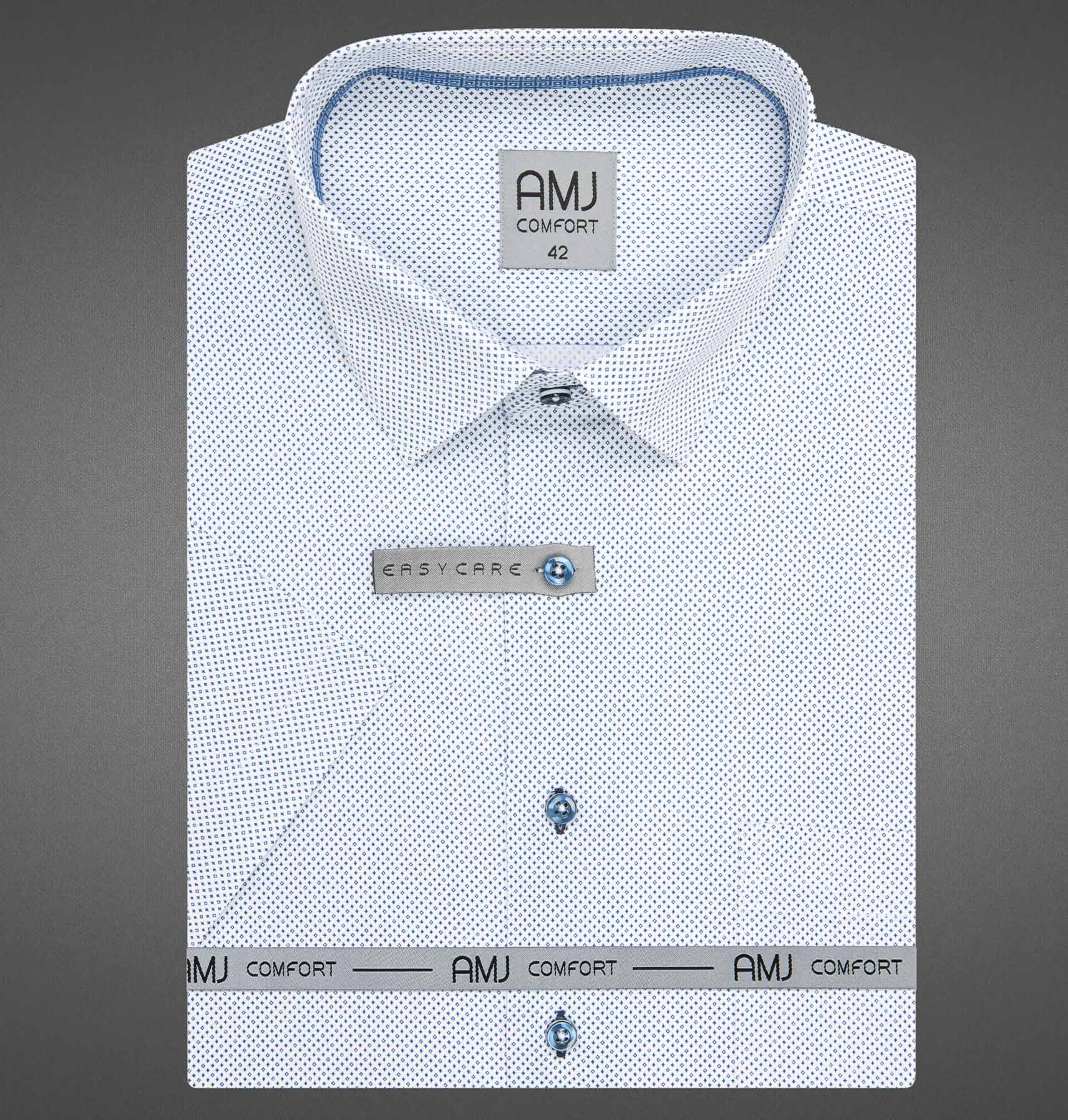 AMJ Pánská košile bavlněná, bílá, modré kostičky, VKSBR1450, krátký rukáv, slim fit, vel. 44