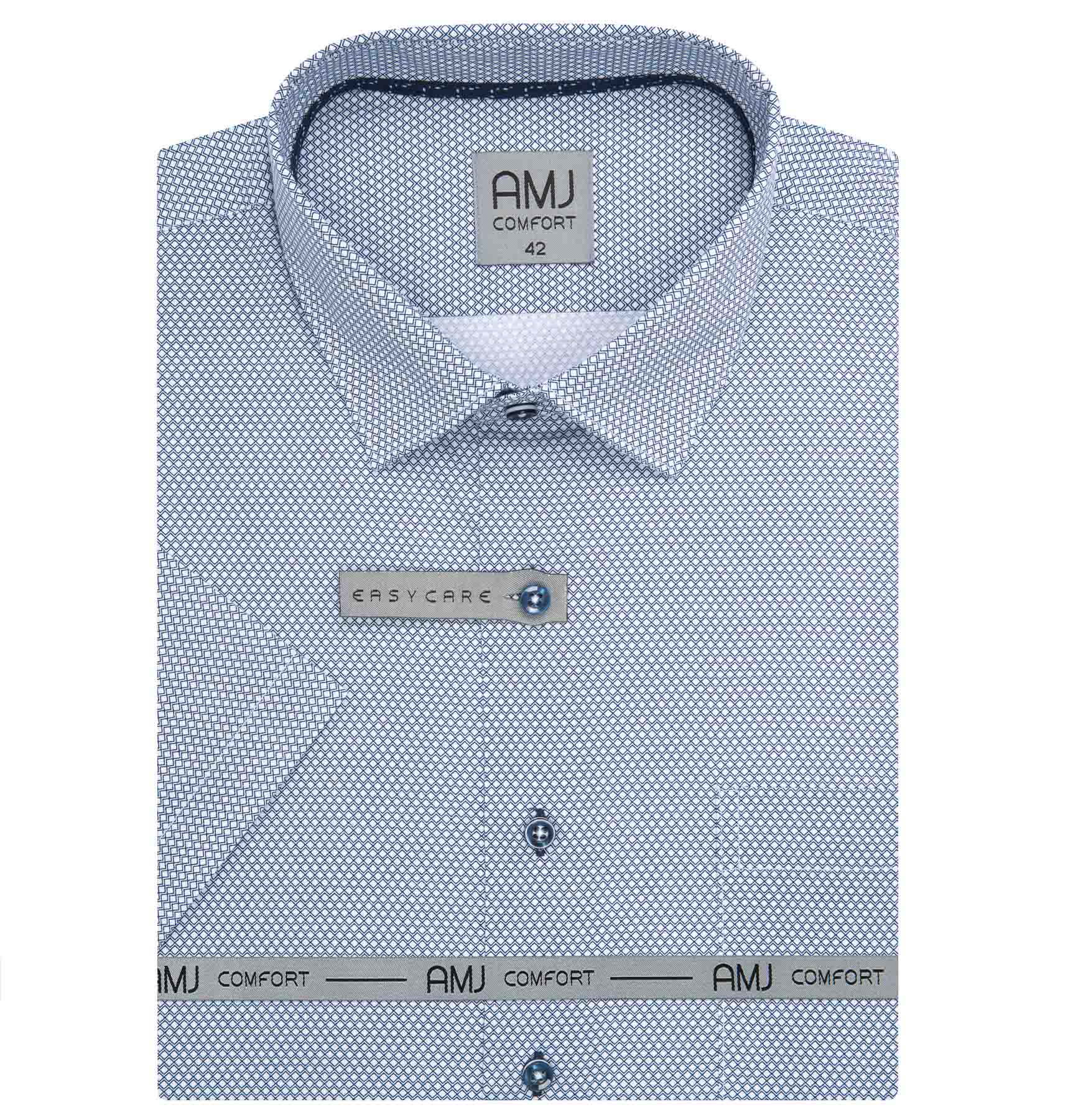 AMJ Pánská košile bavlněná, bílá, modré kostky, VKSBR1433, krátký rukáv, slim fit, vel. 45
