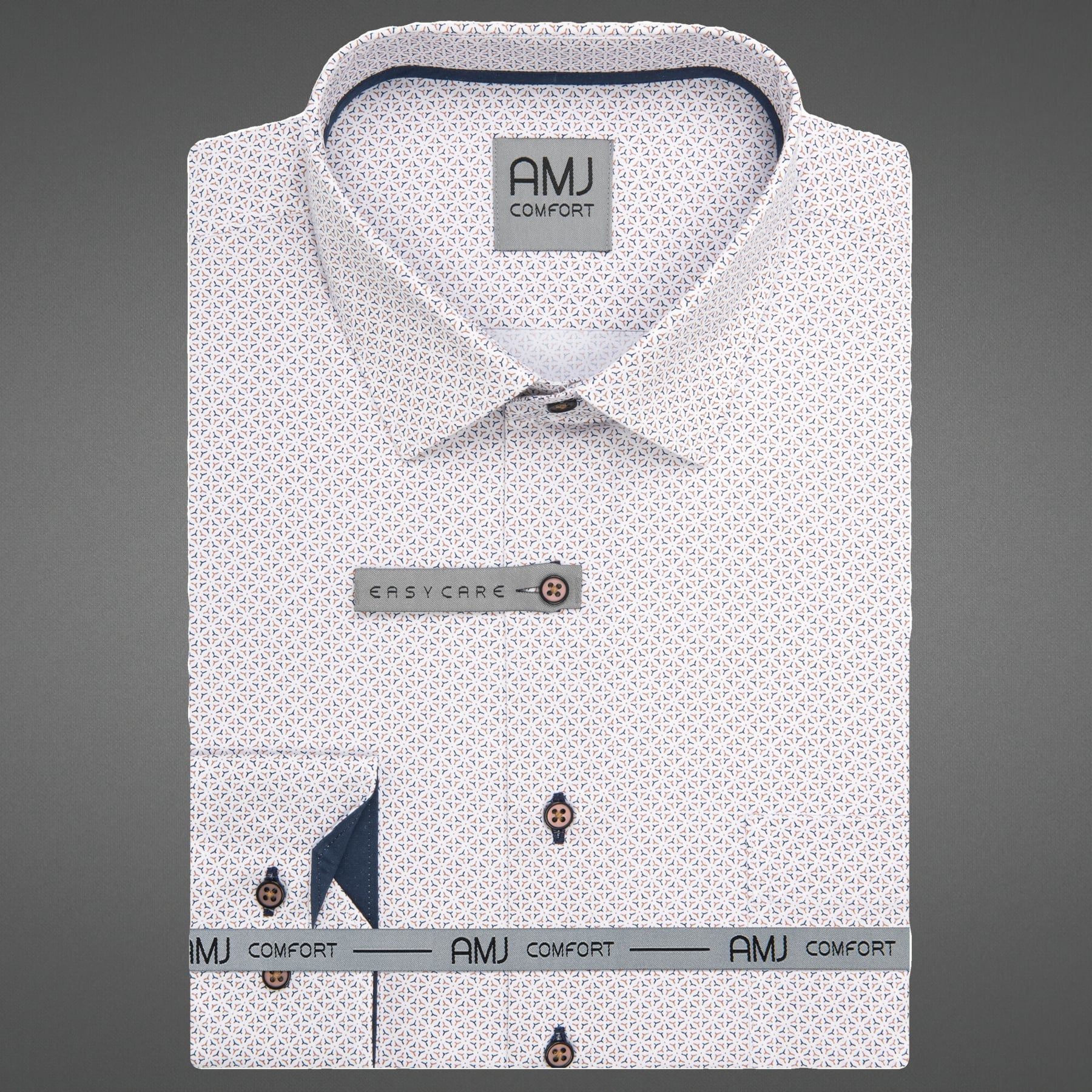 AMJ Pánská košile bavlněná, bílá s modro béžovým vzorem VDSBR1462, dlouhý rukáv, slim-fit, vel. 37