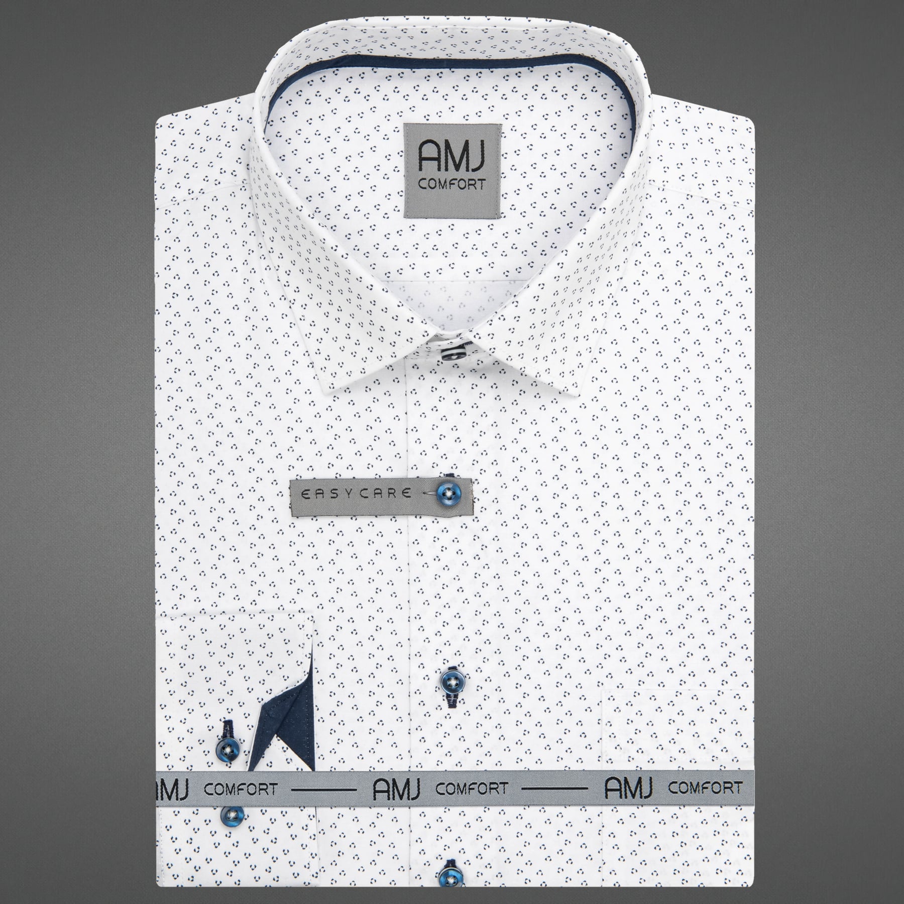 Pánská košile AMJ bavlněná, bílá s puntíky VDSBR1461, dlouhý rukáv, slim fit, vel. 38