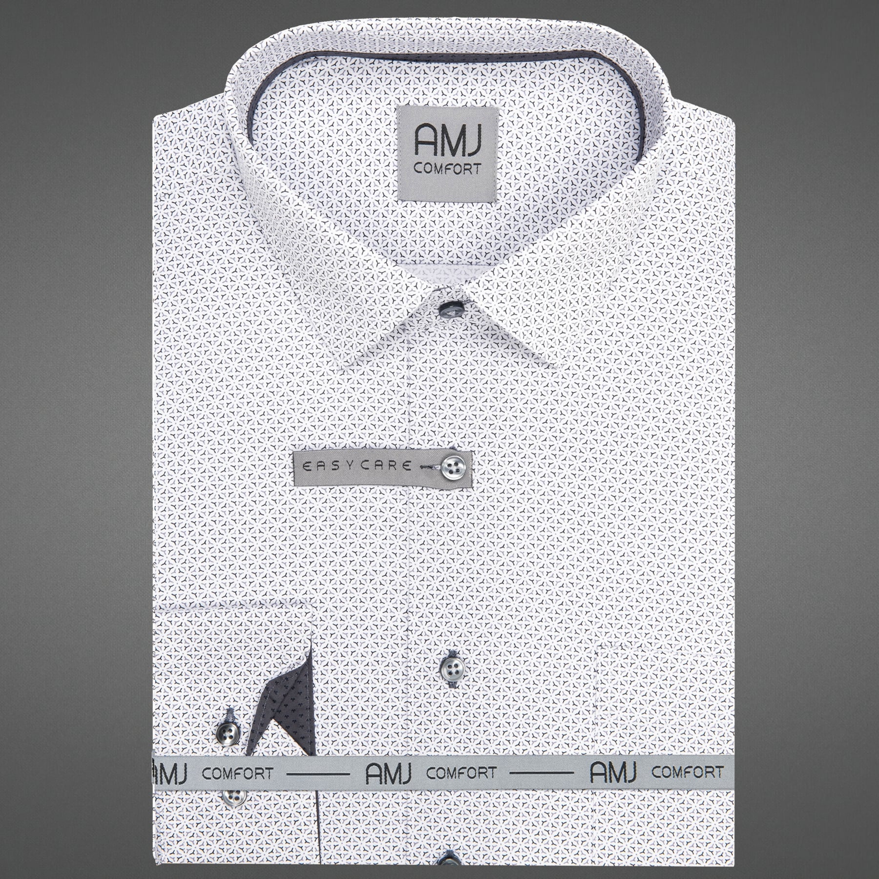 Pánská košile AMJ bavlněná, bílá se světle a tmavě šedým vzorem VDBPR1471, dlouhý rukáv, prodloužená délka, vel. 41