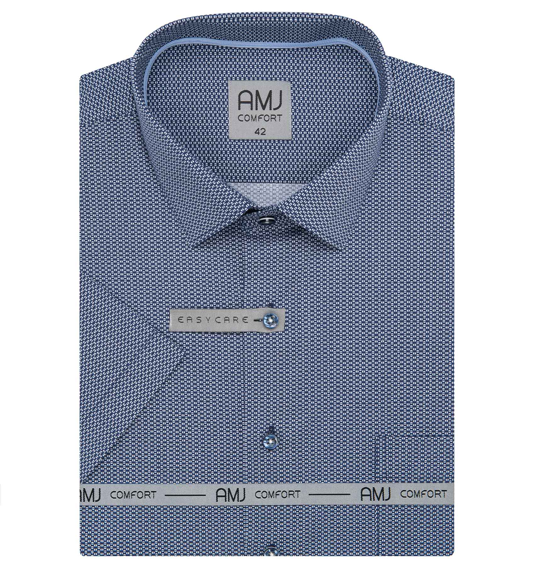 AMJ Pánská košile bavlněná, modrá, bílá zrna, VKSBR1501, krátký rukáv, slim fit, vel. 38