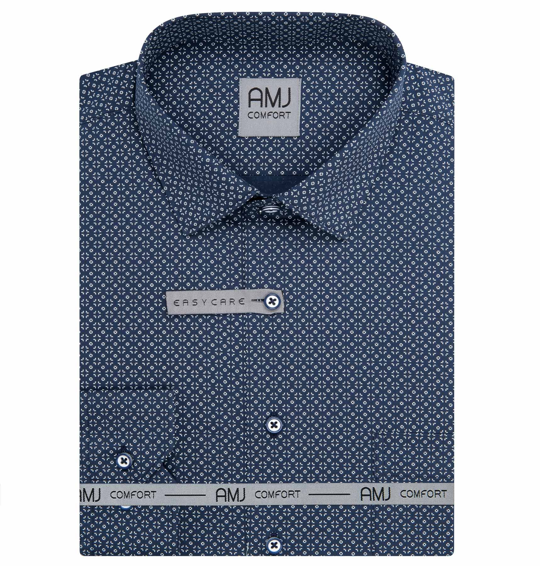 Pánská košile AMJ bavlněná, modrá vzorovaná VDBP1459, dlouhý rukáv, prodloužená délka, vel. 39