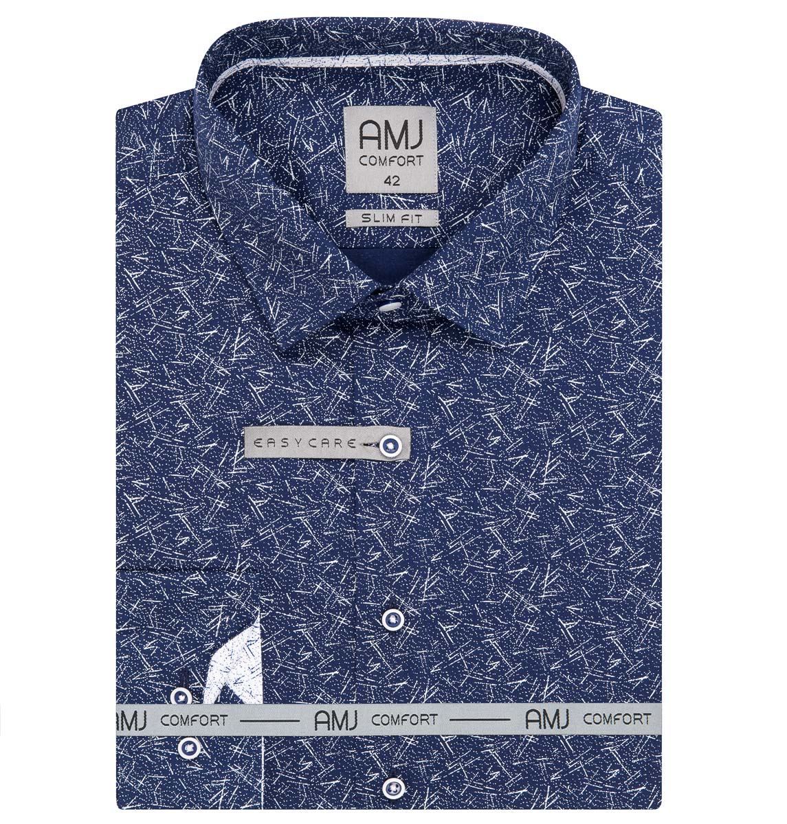 Pánská košile AMJ bavlněná, modrá vzorovaná, VDSBR1312, dlouhý rukáv slim fit, vel. 44