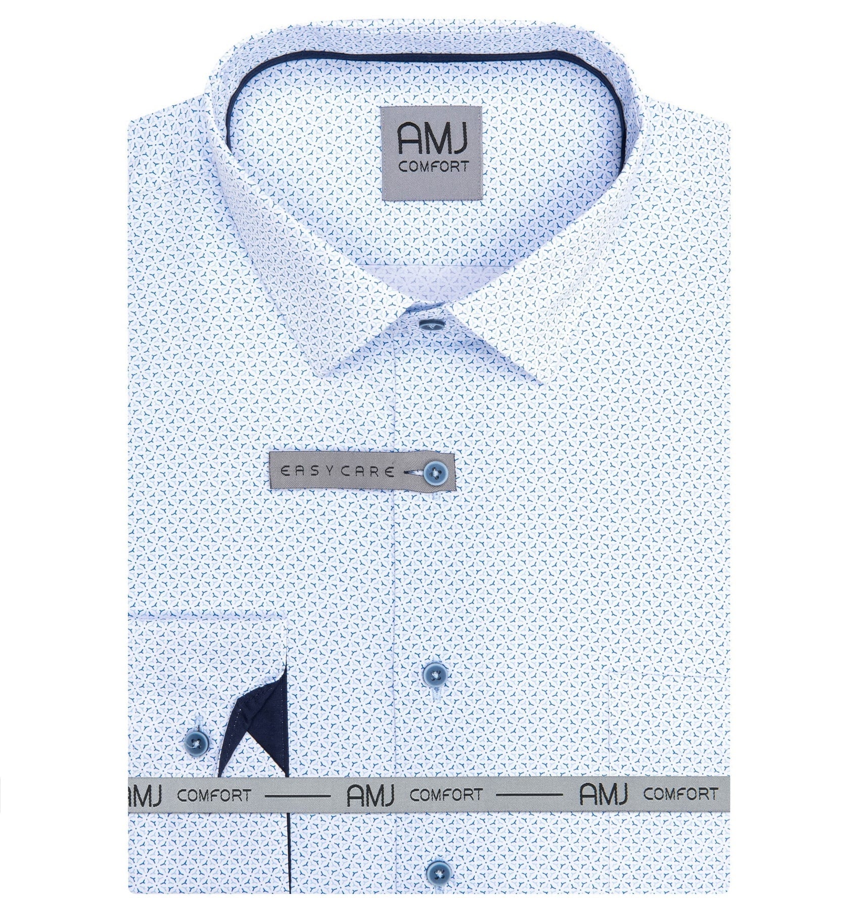Pánská košile AMJ bavlněná, modro-bílá vzorovaná VDBPSR1476, dlouhý rukáv, prodloužená délka, slim fit, vel. 45