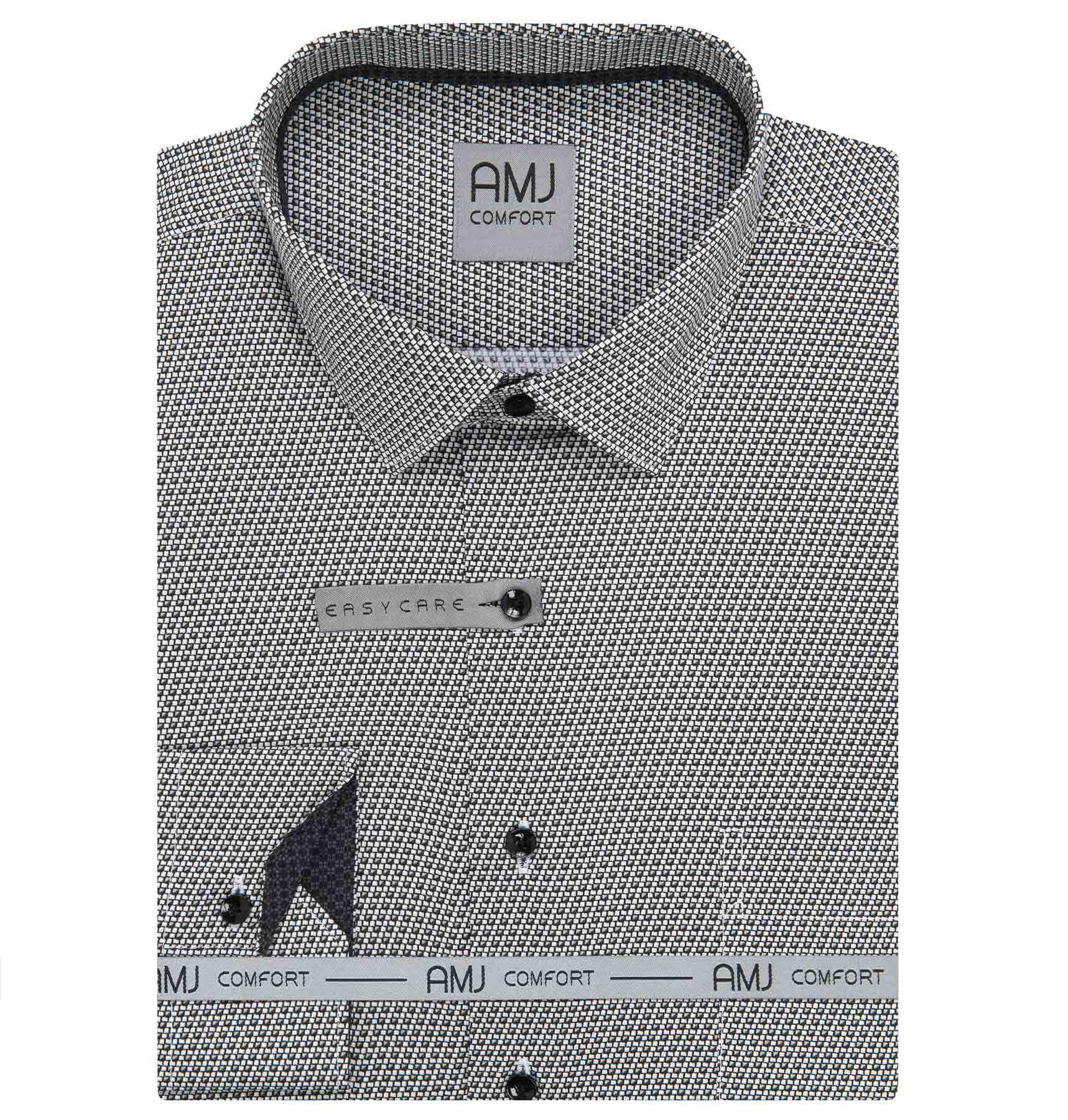 Pánská košile AMJ bavlněná, šedá kostičkovaná VDBPR1410, dlouhý rukáv, prodloužená délka, vel. 44