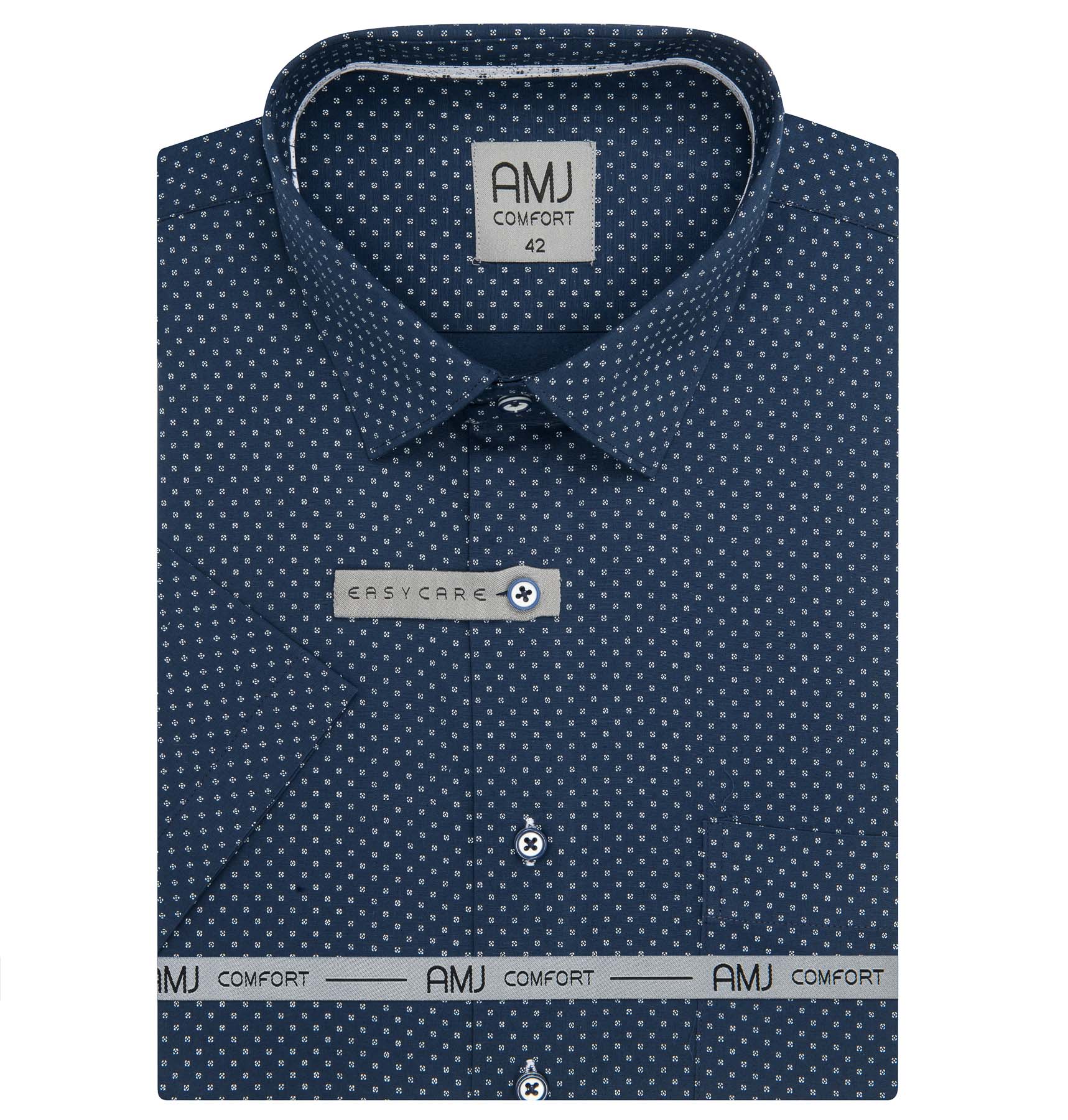 AMJ Pánská košile bavlněná, tmavě modrá, bílé kostičky, VKSBR1441, krátký rukáv, slim fit, vel. 45