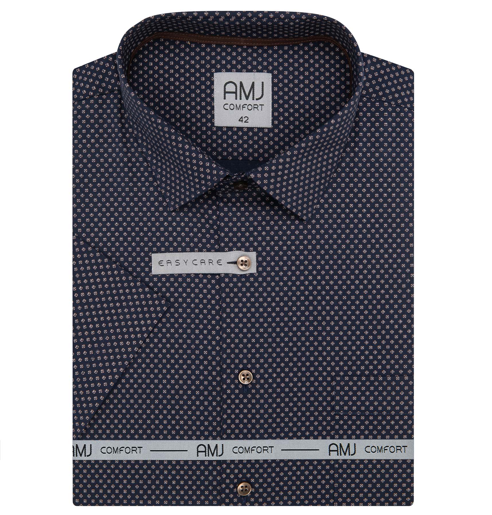 AMJ Pánská košile bavlněná, tmavě modrá, hnědé kytičky, VKSBR1499, krátký rukáv, slim fit, vel. 43