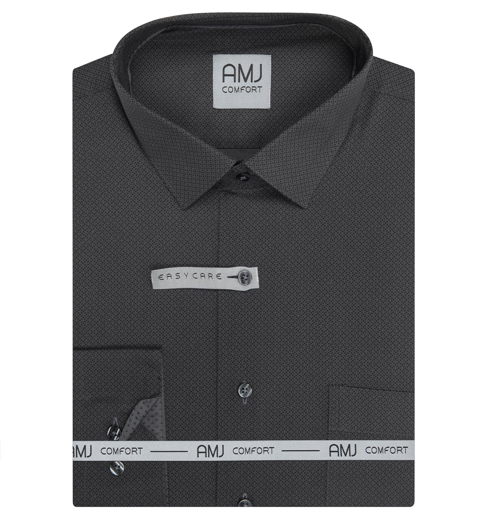 Pánská košile AMJ bavlněná, tmavě šedá kostičkovaná VDBPSR1481, dlouhý rukáv, prodloužená délka, slim fit, vel. 44