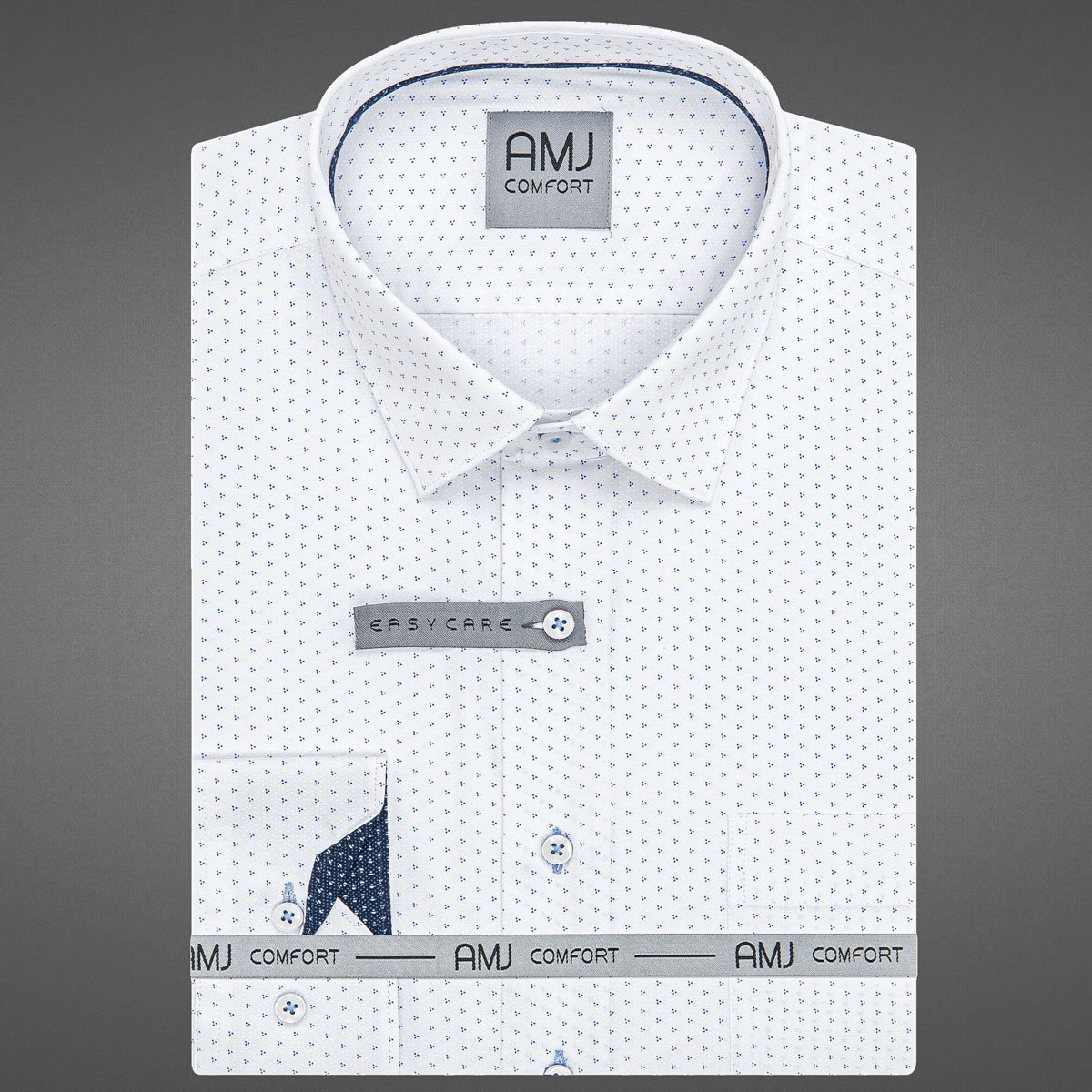 Pánská košile AMJ bavlněná, bílá s modrými tečkovanými trojúhelníky VDBR1351, dlouhý rukáv, regular fit, vel. 46