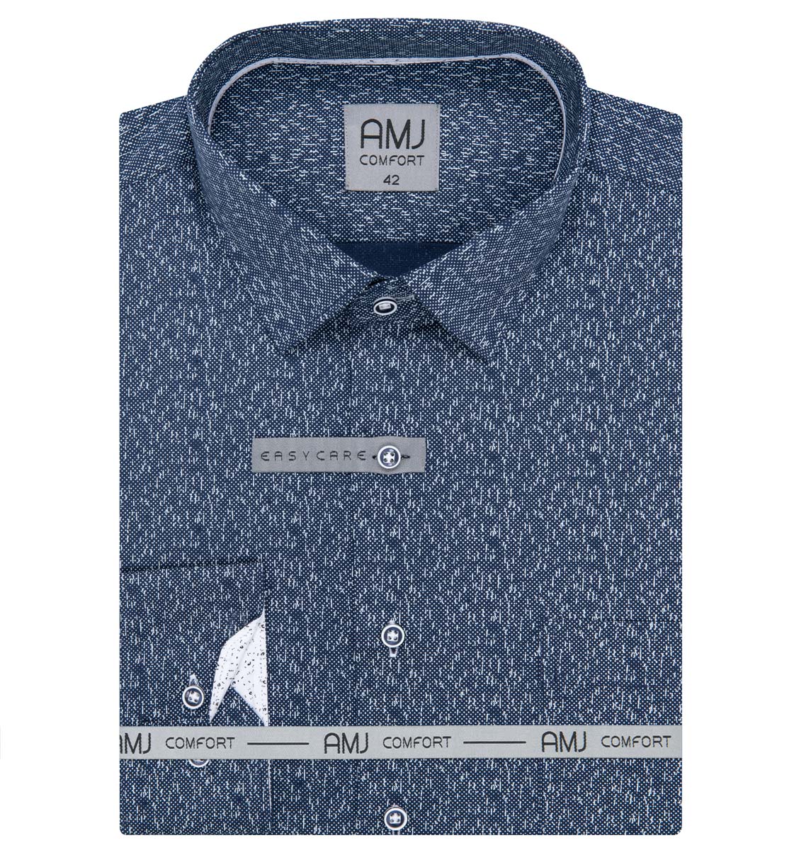 Pánská košile AMJ bavlněná, tmavě modrá s bílým prší vzorem VDBR1382, dlouhý rukáv, regular fit, vel. 45