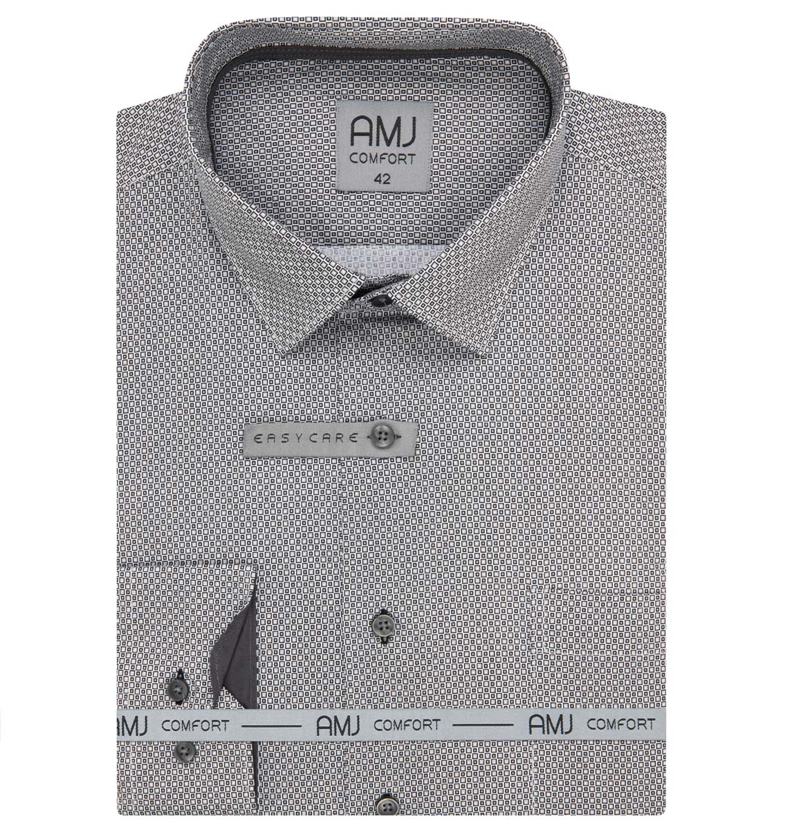 Pánská košile AMJ bavlněná, šedá kostičkovaná VDBPSR1392, dlouhý rukáv, prodloužená délka, slim fit, vel. 41