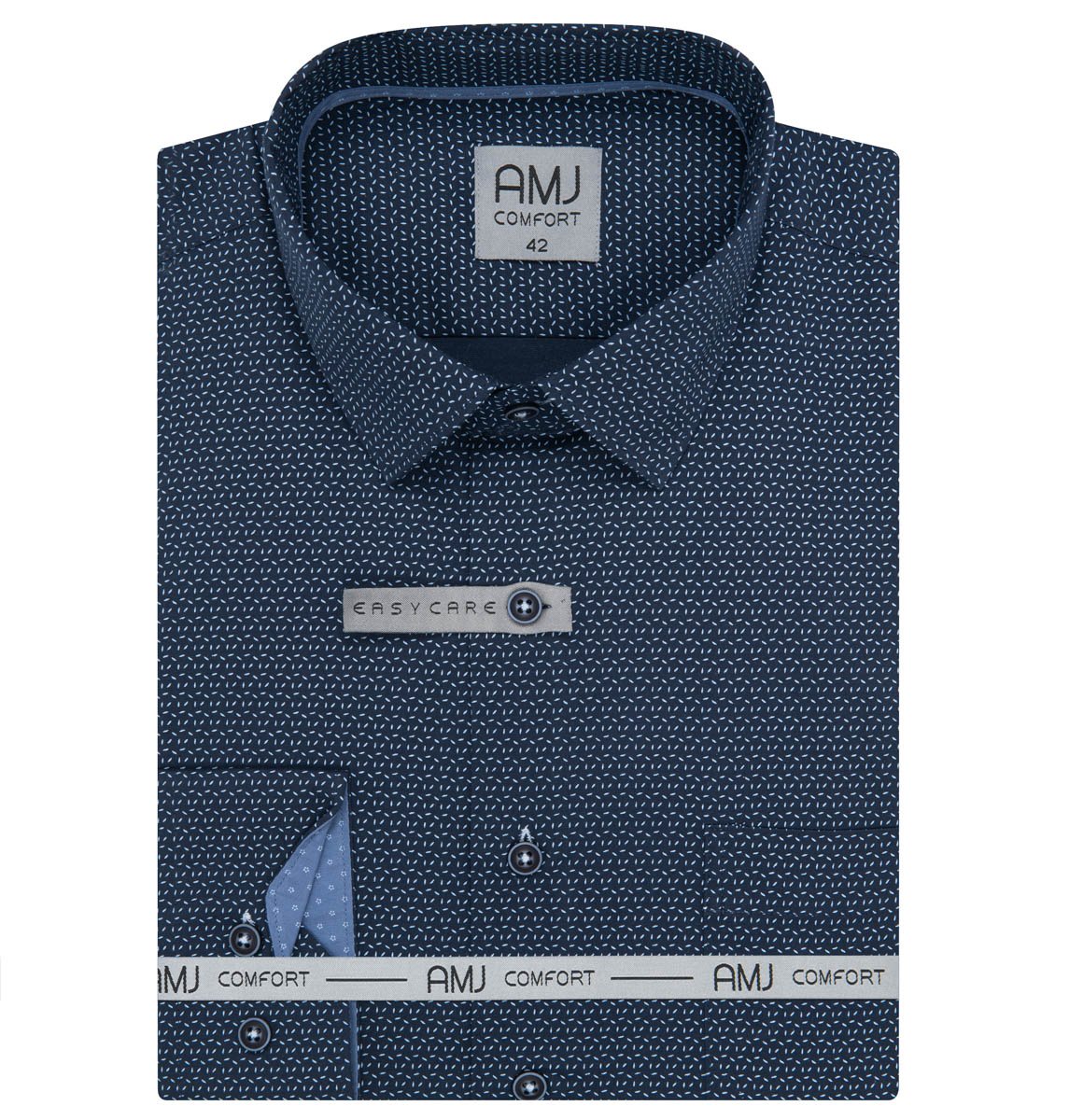 Pánská košile AMJ bavlněná, tmavě modrá - světle modře kropenatá VDBPSR1396, dlouhý rukáv, prodloužená délka, slim fit, vel. 44