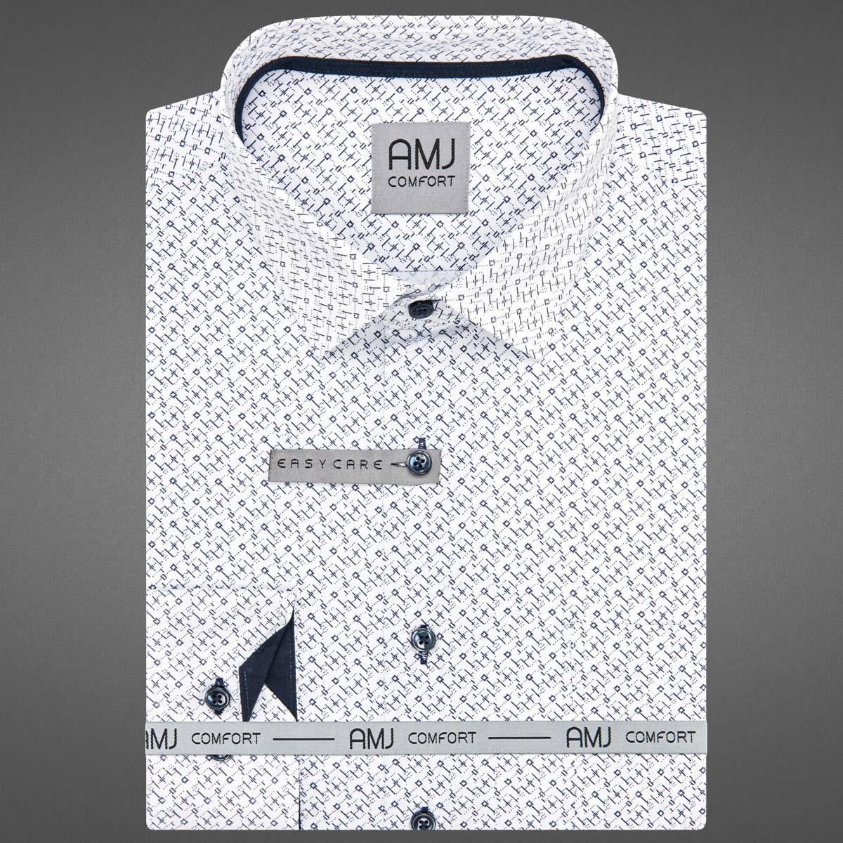 Pánská košile AMJ bavlněná, bílá s tmavě modrými kostičkami a čárkami VDBPSR1400, dlouhý rukáv, prodloužená délka, slim fit, vel. 44