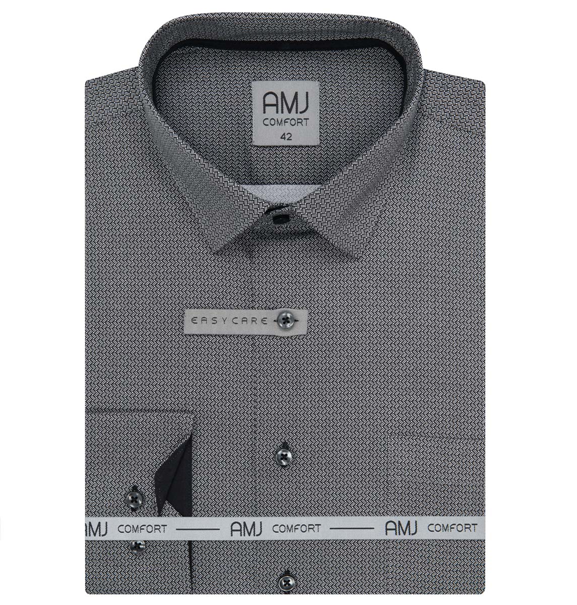 Pánská košile AMJ bavlněná, šedá s hustým čárkovaným cikcak vzorem VDSBR1406, dlouhý rukáv, slim fit, vel. 41