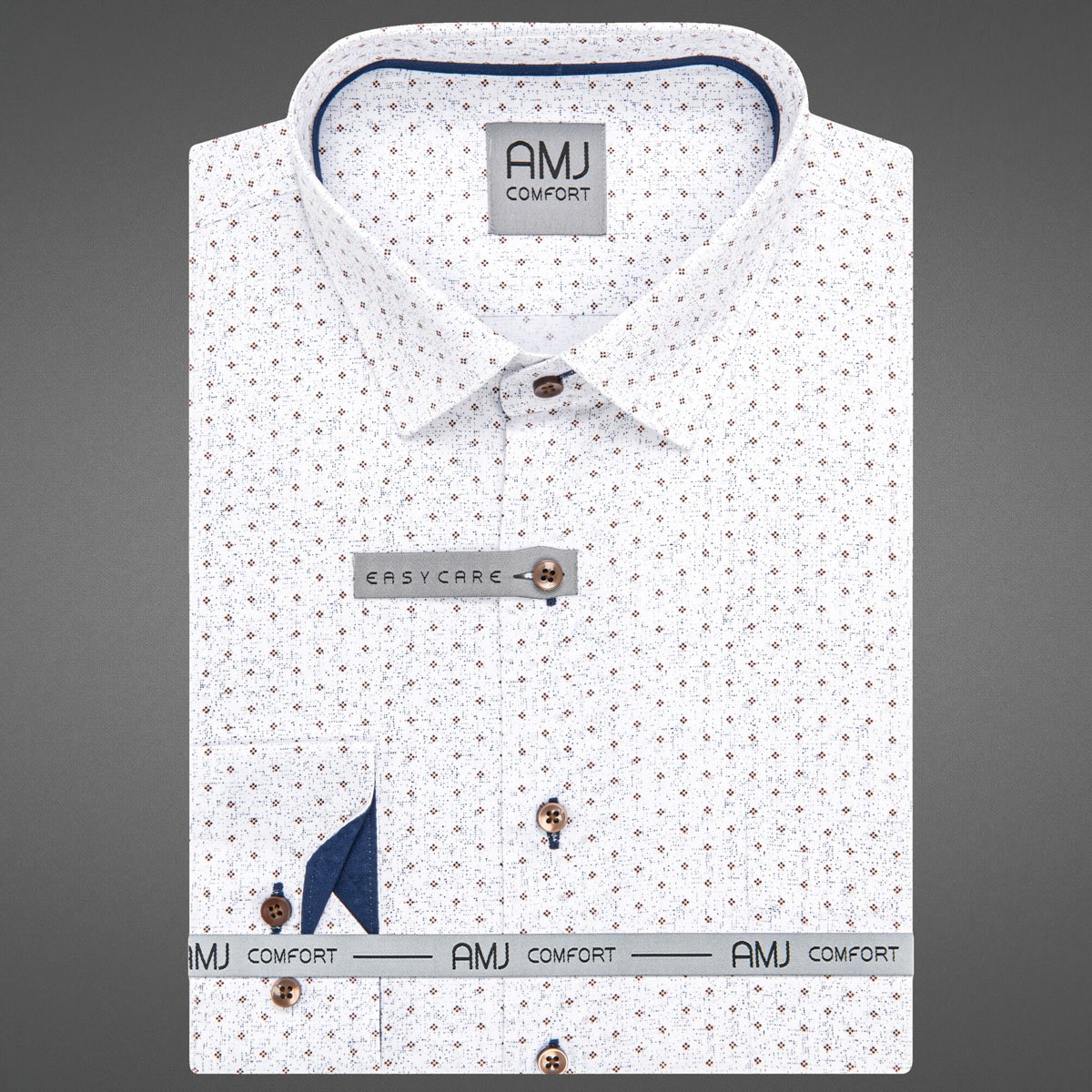 Pánská košile AMJ bavlněná, bílá s béžovými tečkami VDBR1414, dlouhý rukáv, regular fit, vel. 46