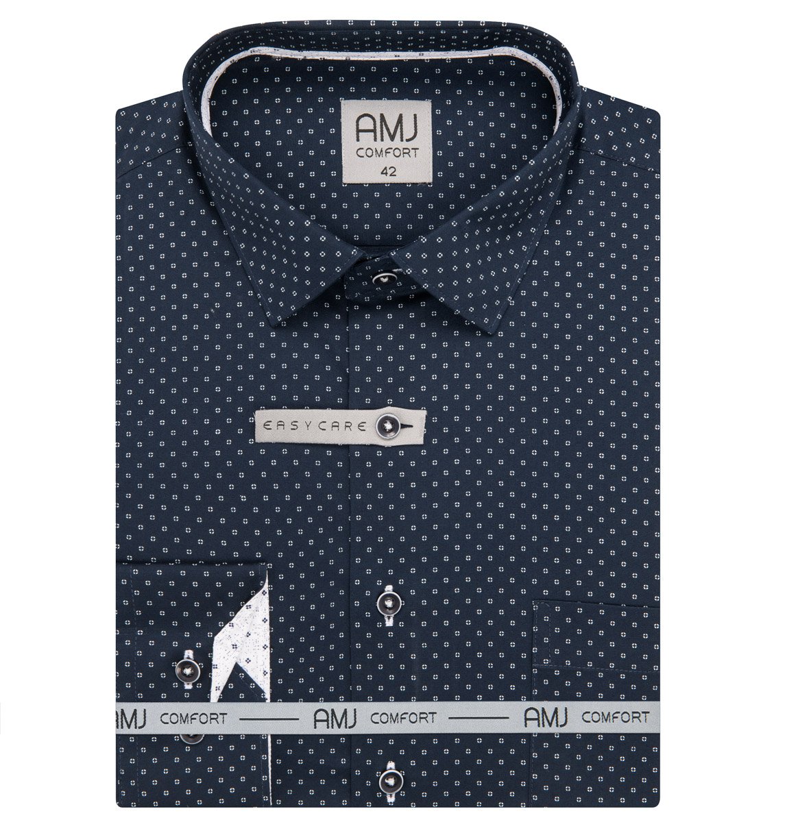 Pánská košile AMJ bavlněná, tmavě modrá s bílými čárkovanými puntíky VDSBR1415, dlouhý rukáv, slim fit, vel. 39