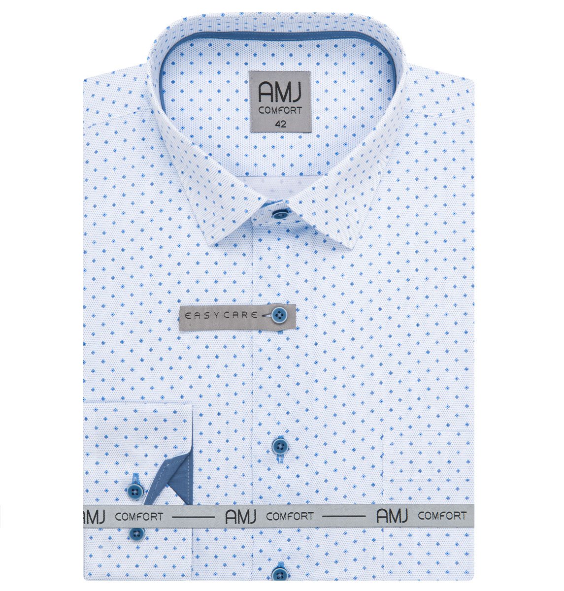 Pánská košile AMJ bavlněná, bílá s modrými kvítky a tečkami VDBR1417, dlouhý rukáv, regular fit, vel. 44