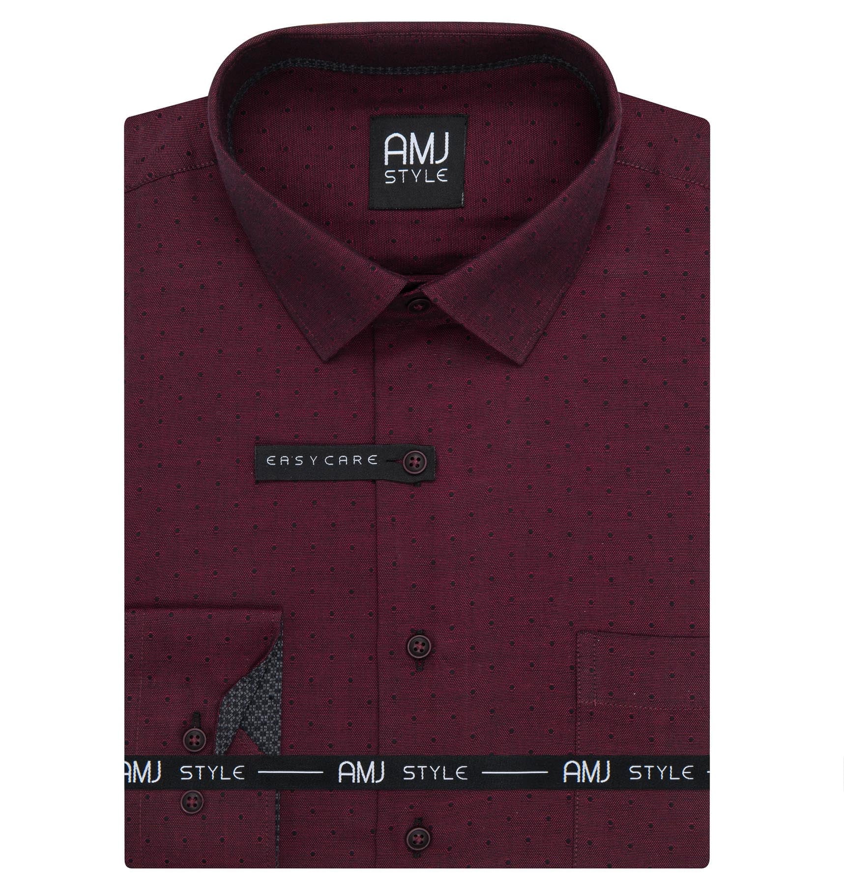 Pánská košile AMJ bavlněná, vínová puntíkovaná, VDR1426, dlouhý rukáv, regular fit, vel. 46