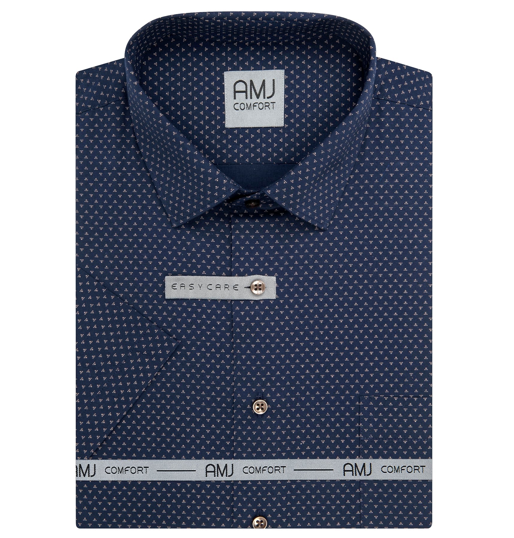 AMJ Pánská košile bavlněná, tmavě modrá s trojúhelníky VKB1437, krátký rukáv, regular fit, vel. 46