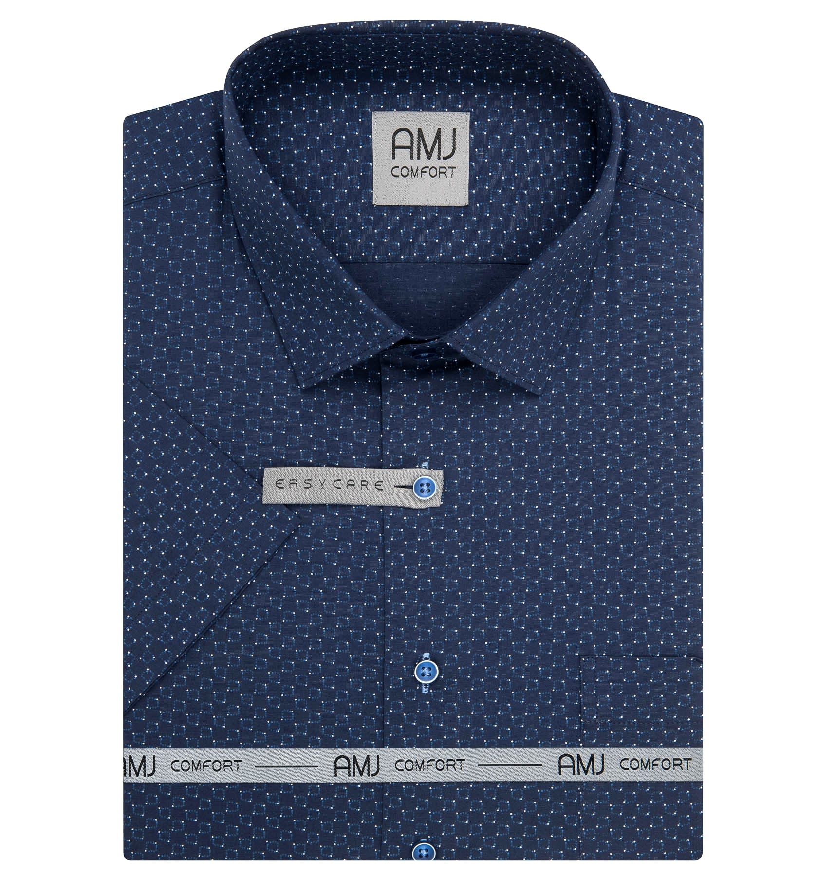 AMJ Pánská košile bavlněná, tmavě modrá s kolečky VKB1439, krátký rukáv, regular fit, vel. 45