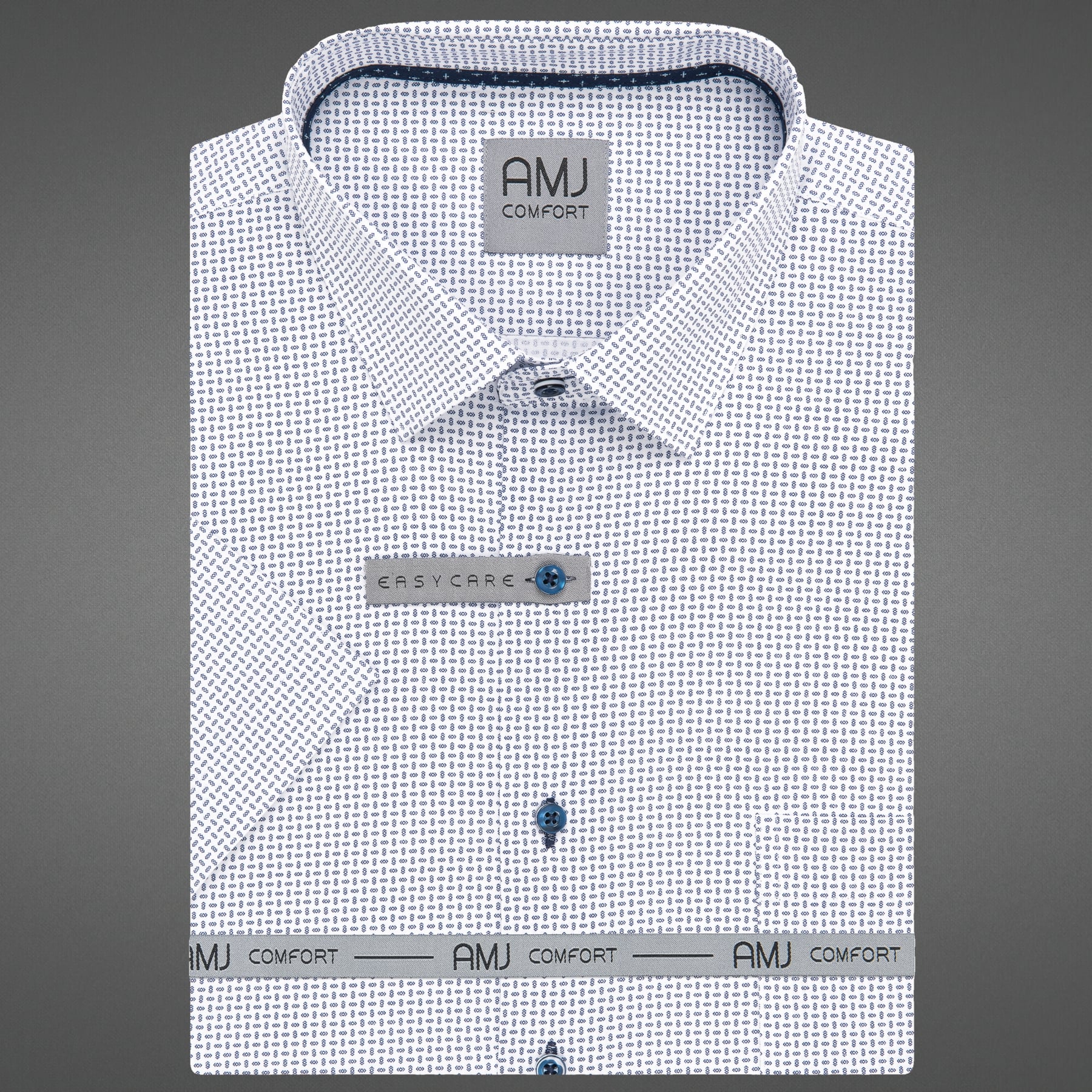 AMJ Pánská košile bavlněná, bílá, tmavě modré kosočtverce, VKBR1378, krátký rukáv, slim fit, vel. 39