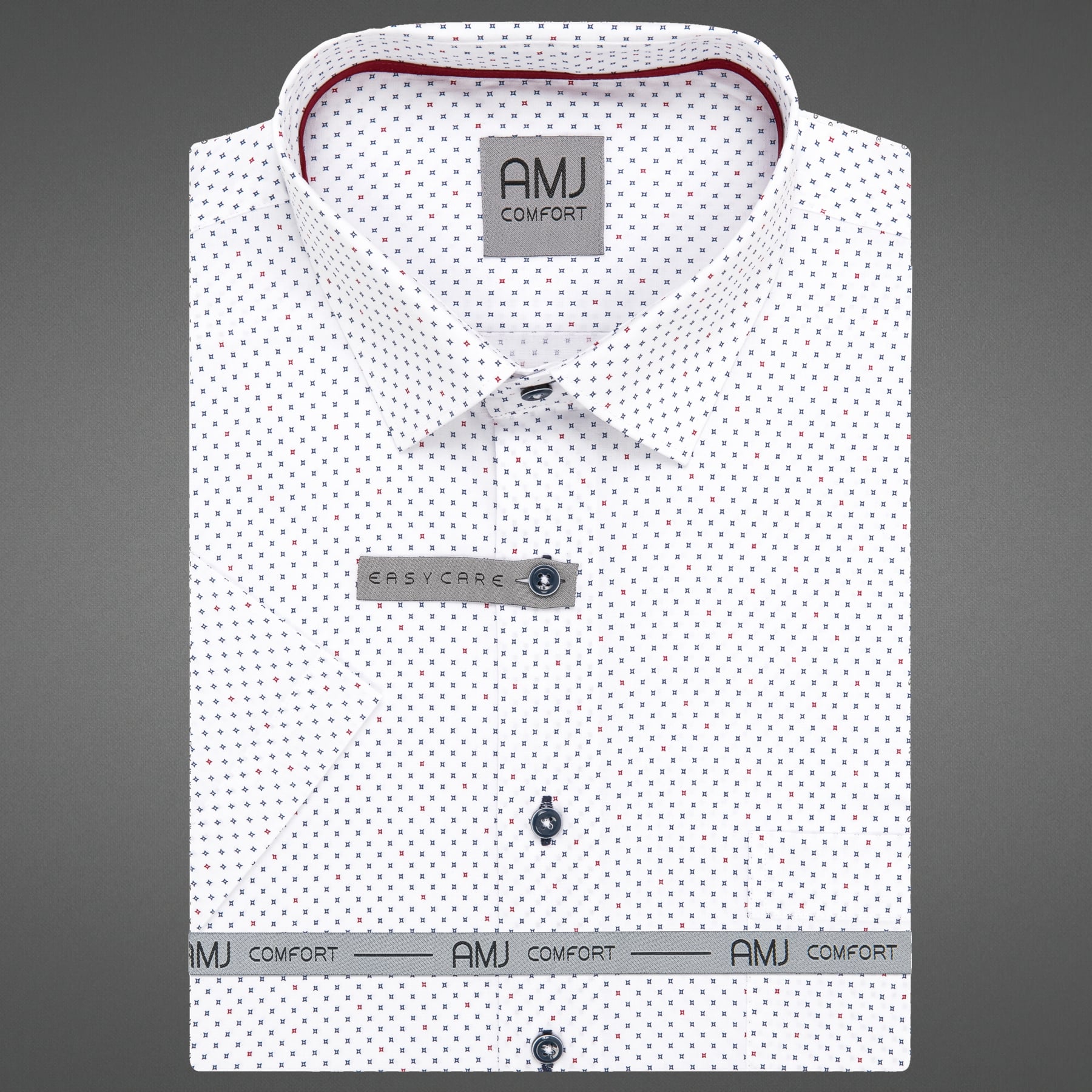 AMJ Pánská košile bavlněná, bílá, modré a červené kosočtverce, VKBR1379, krátký rukáv, regular fit, vel. 51/52